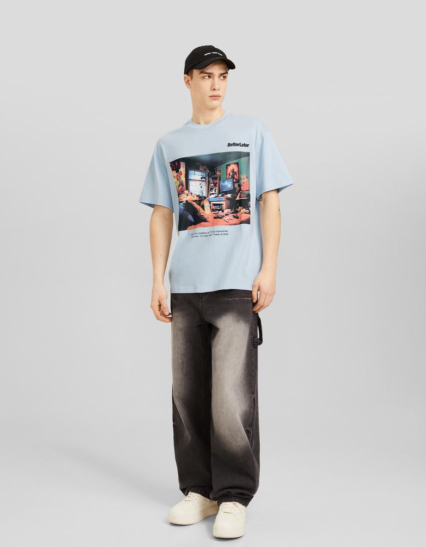 T-shirt manga curta boxy fit estampado-Azul claro-3