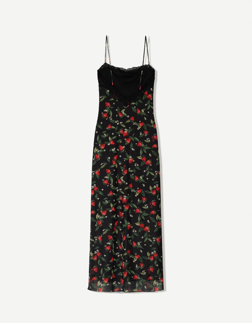 Robe midi en tulle imprimée-Noir-4
