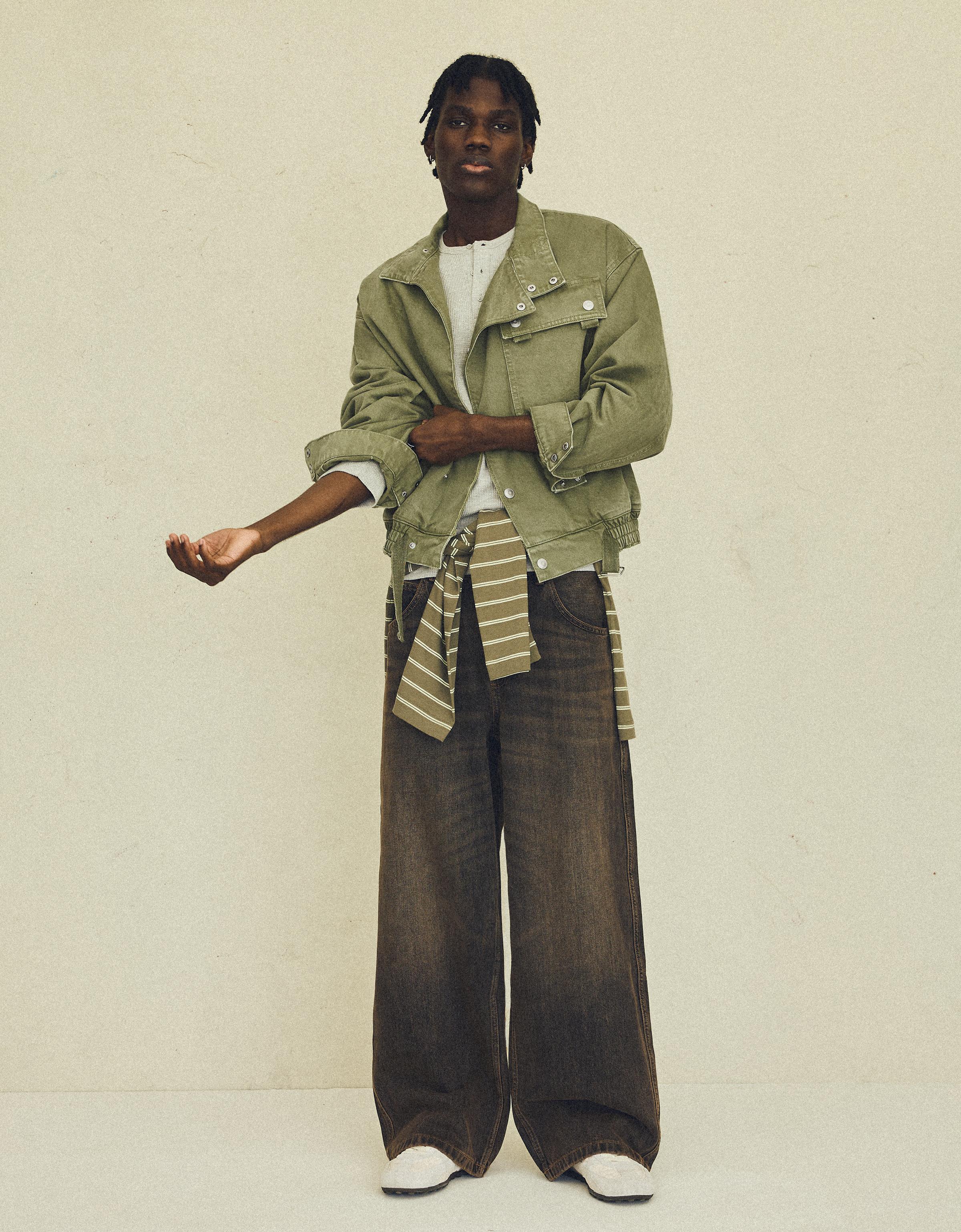 Double-breasted funnel neck jacket with pocket — Green