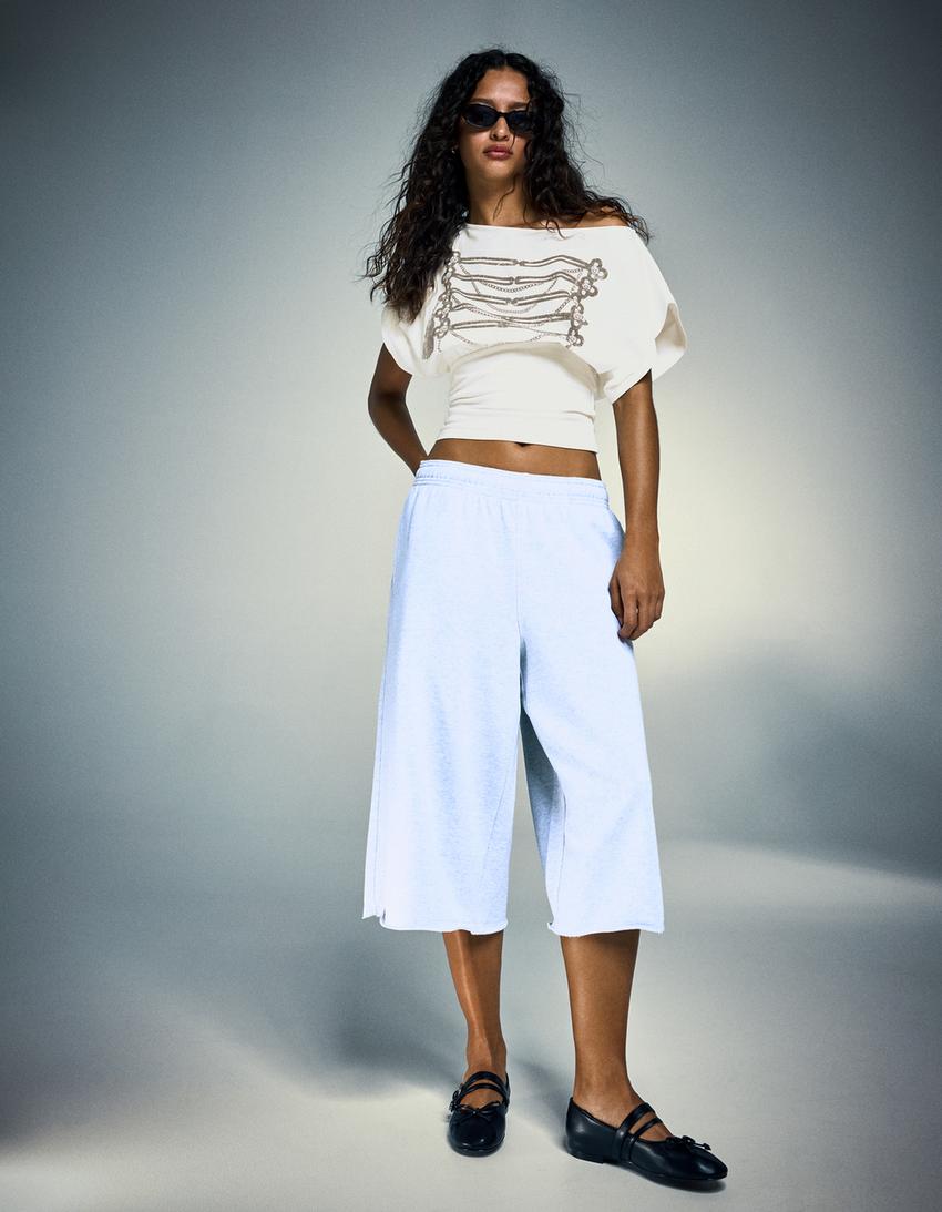 T-shirt asymétrique imprimé à manches courtes-Blanc cassé