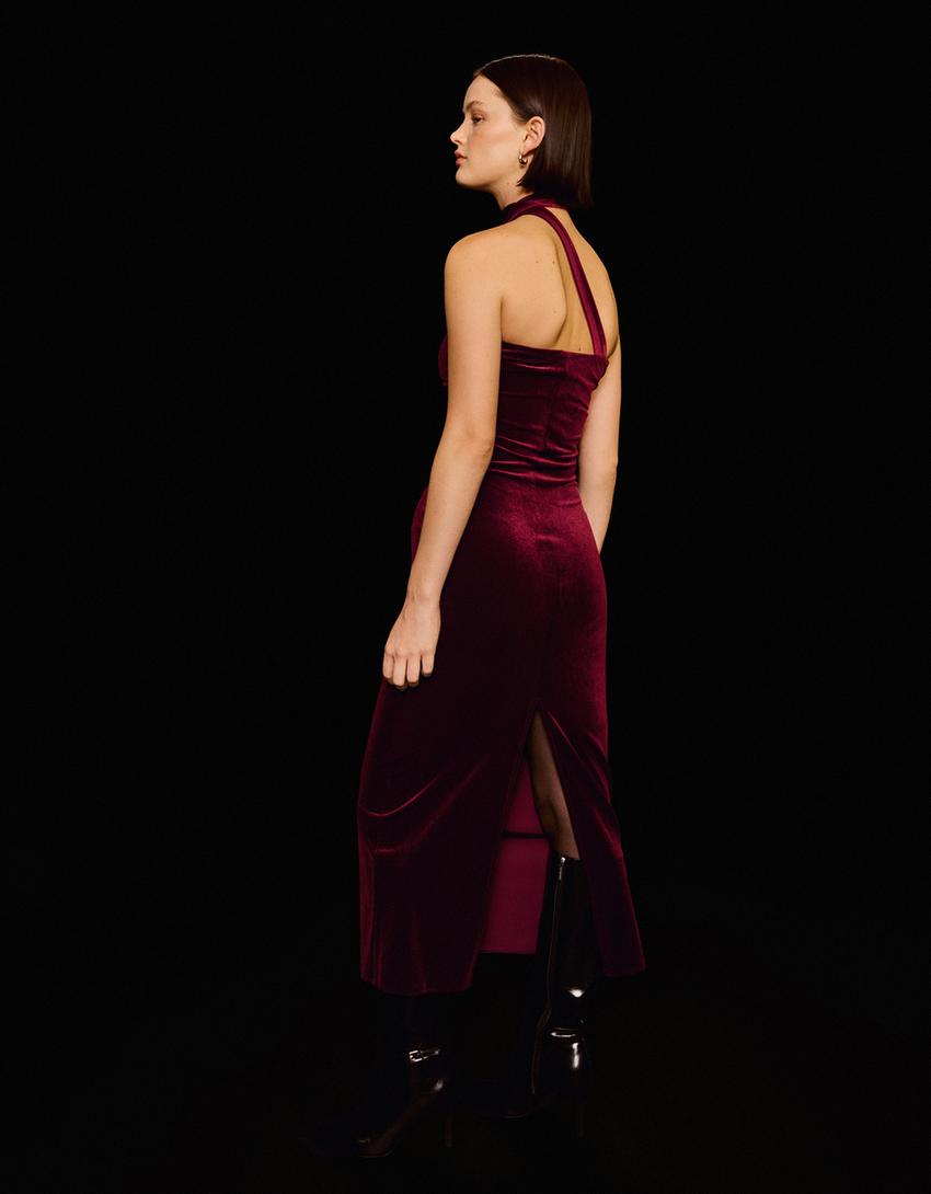 فستان ميدي مخمل شريطي بحافة وشاح-Bordo