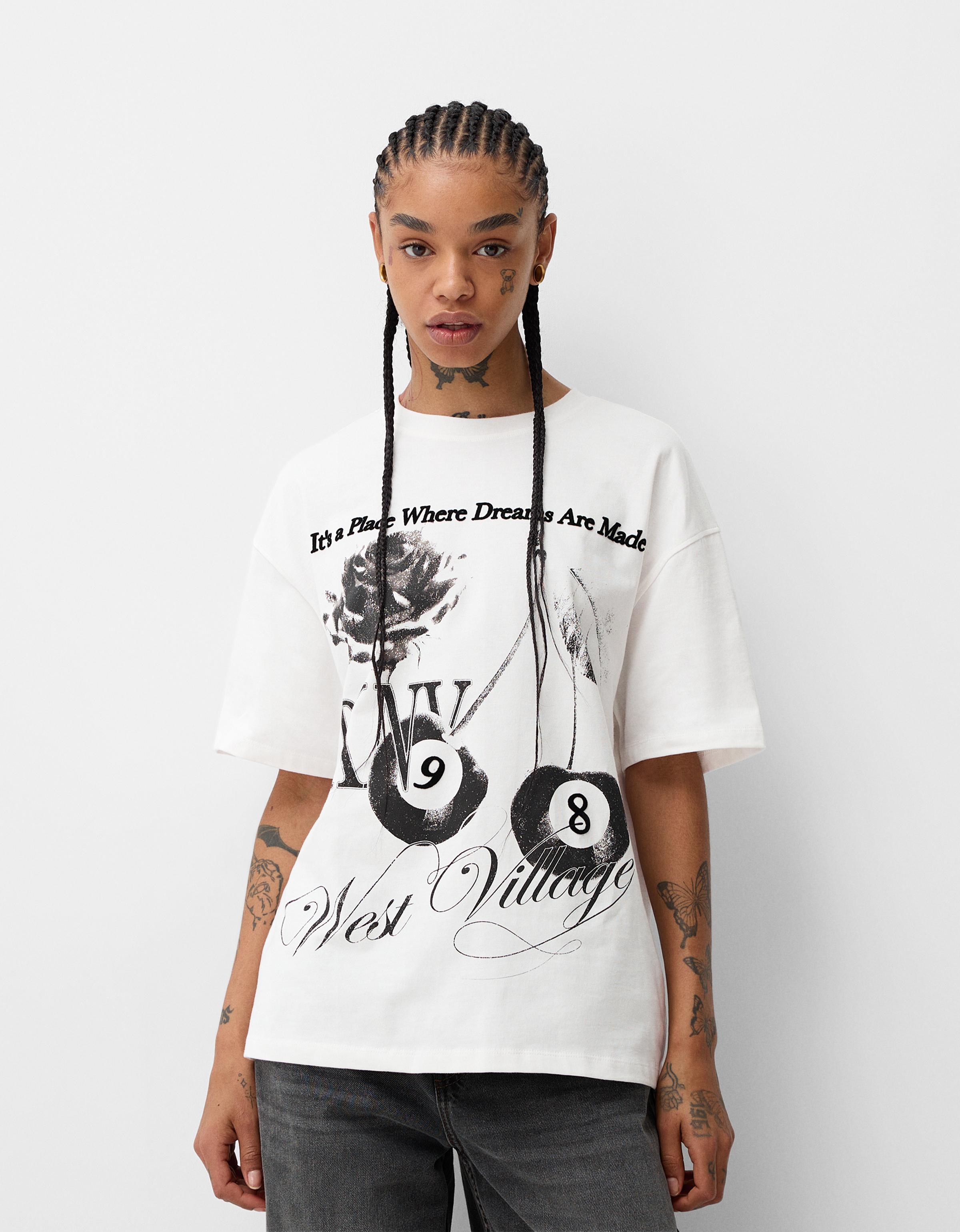 Bershka T-Shirt Mit Print Damen L Grbrochenes Weiss