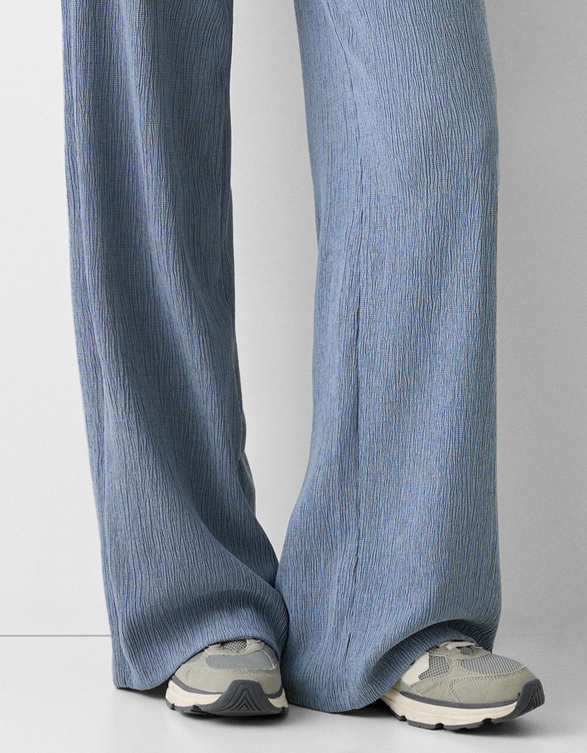 Pantalon wide leg gaufré-Bleu-3