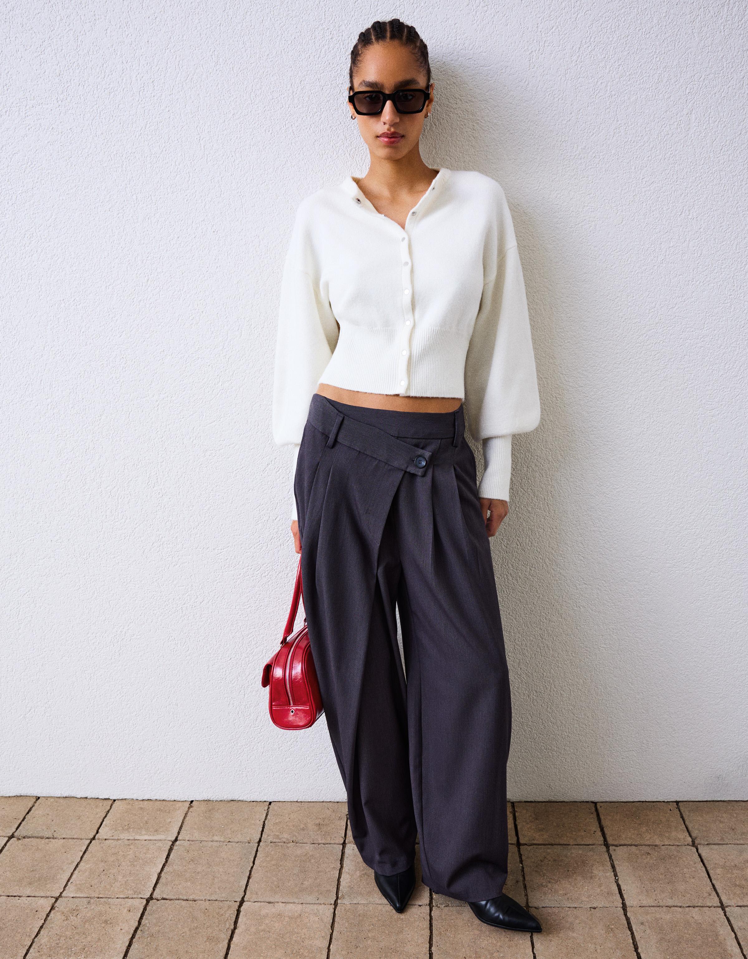 Bershka Tailored Hose Mit Überkreuzter Taille Damen 38 Dunkelgrau