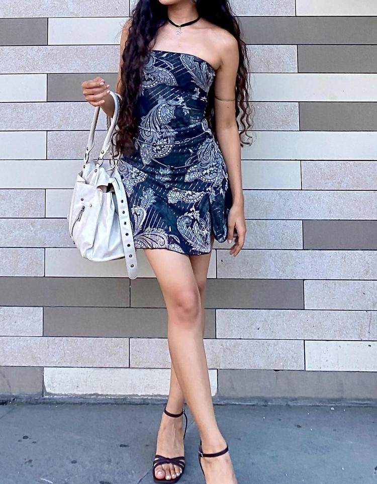 Baskılı bandeau tül mini elbise