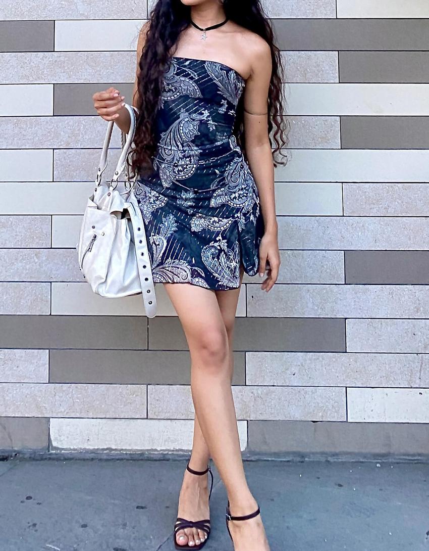 Mini-Bandeaukleid aus Tüll mit Print-Schwarz-2