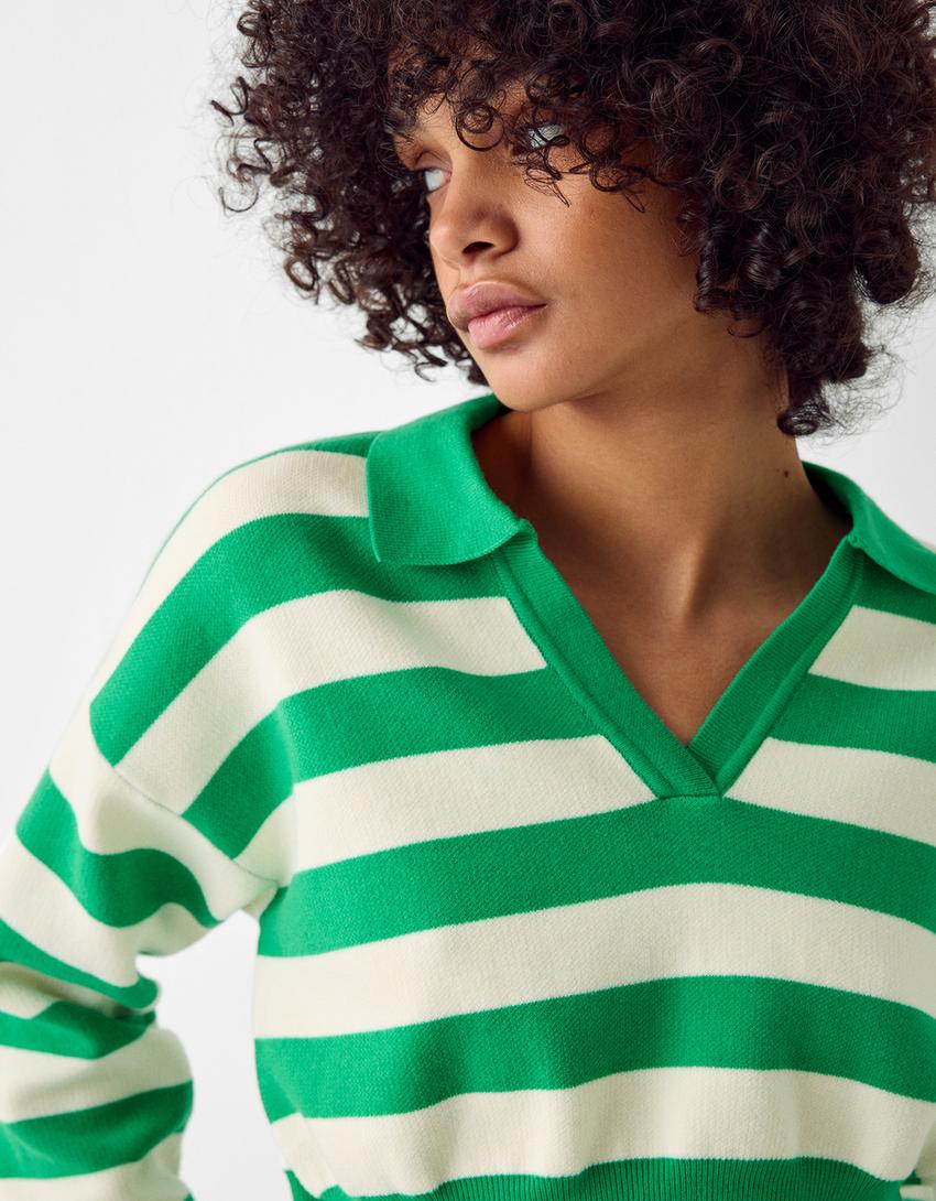Polo collar sweater with stripes-Green-2