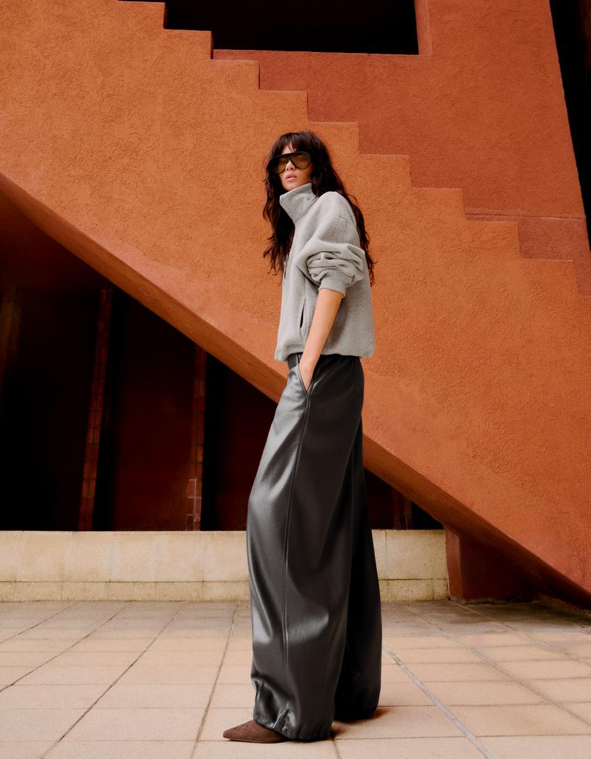 Faux leather drop crotch pants-Grey