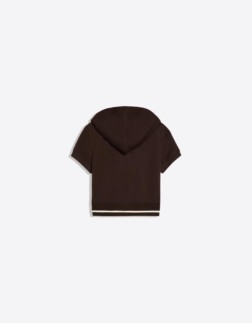 Short-sleeved hooded zip-up sweatshirt-Brown