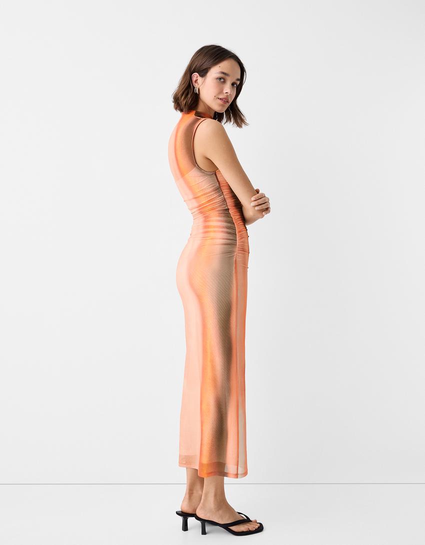 فستان ميدي يباقة عالية وأكمام قصيرة وطبعة-برتقالي-2