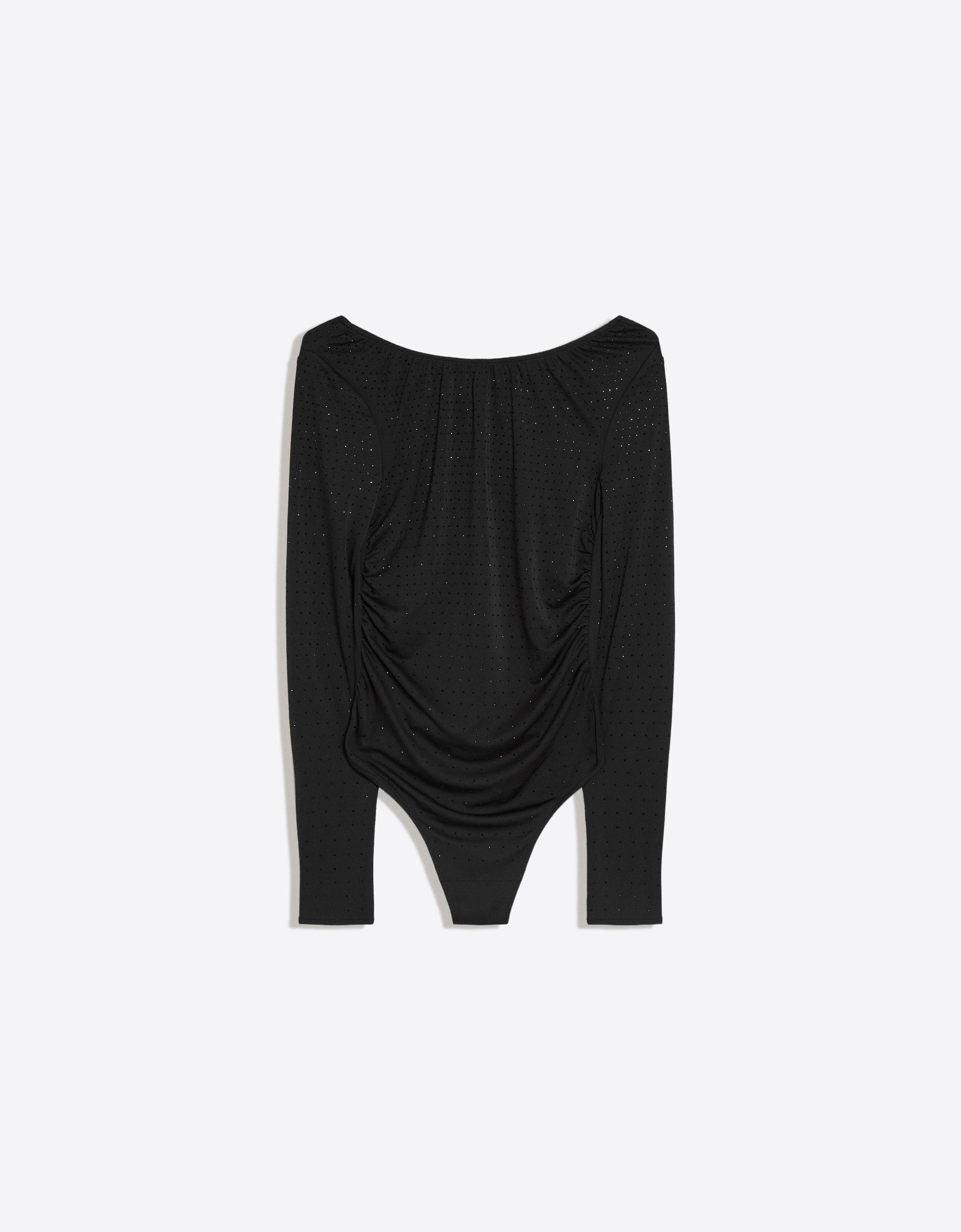 Bershka Body Z Długim Rękawem, Błyszczące, Tył Otwarty Kobieta Czarny