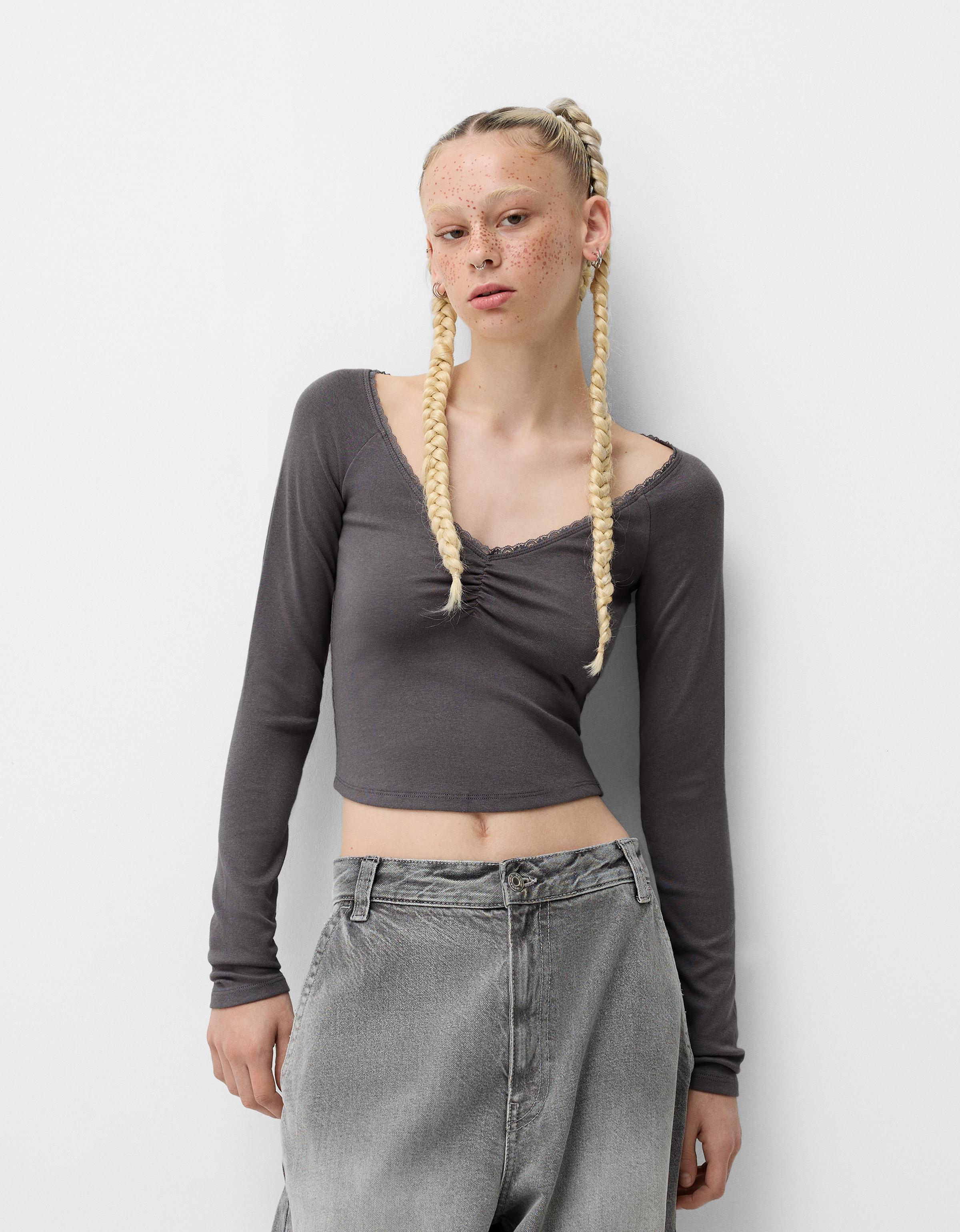 Bershka Gerafftes Langarmshirt Mit Spitzenkante Damen M Dunkelgrau