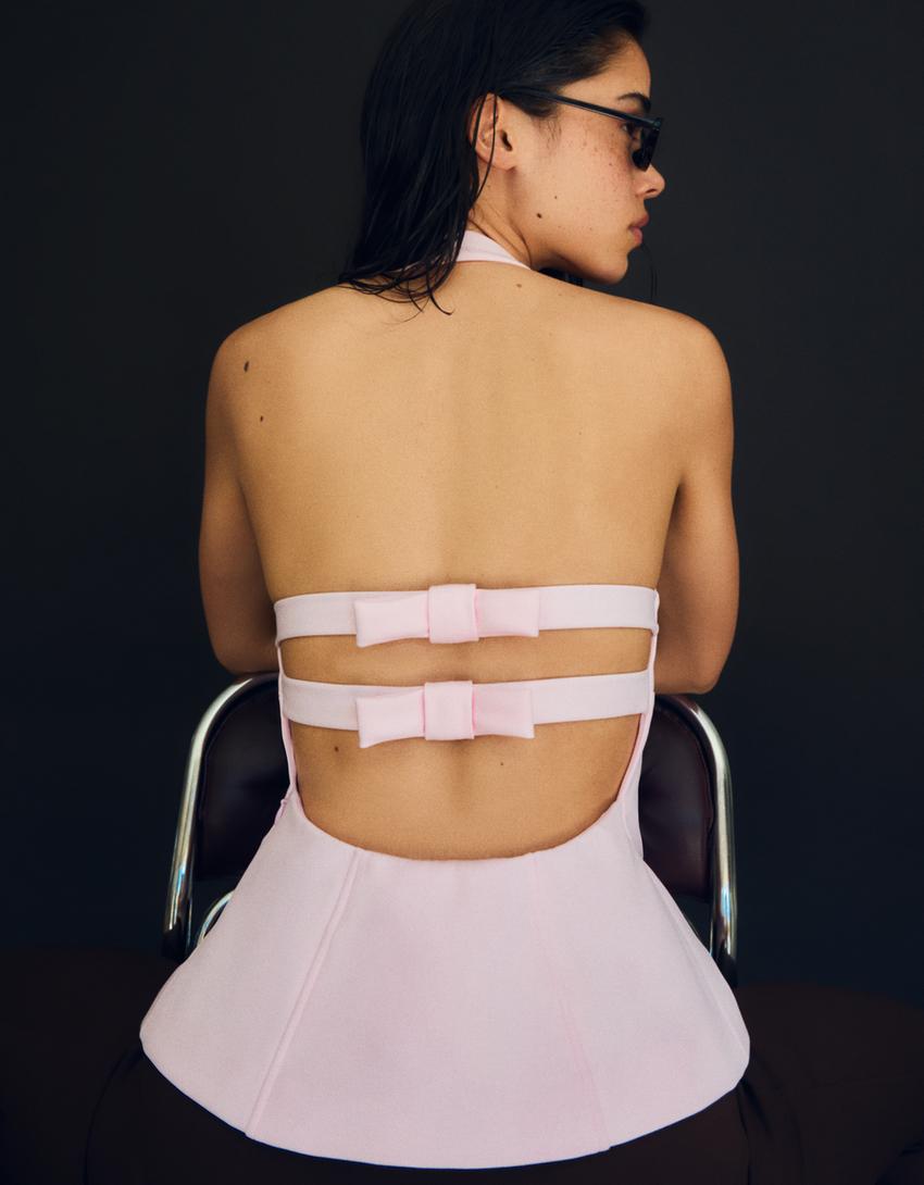 Strukturalny top halter z kokardami-Różowy