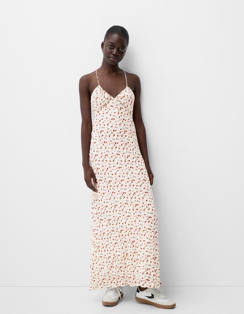 bershka floral midi dress Bershka square-neck floral midi dress in blue