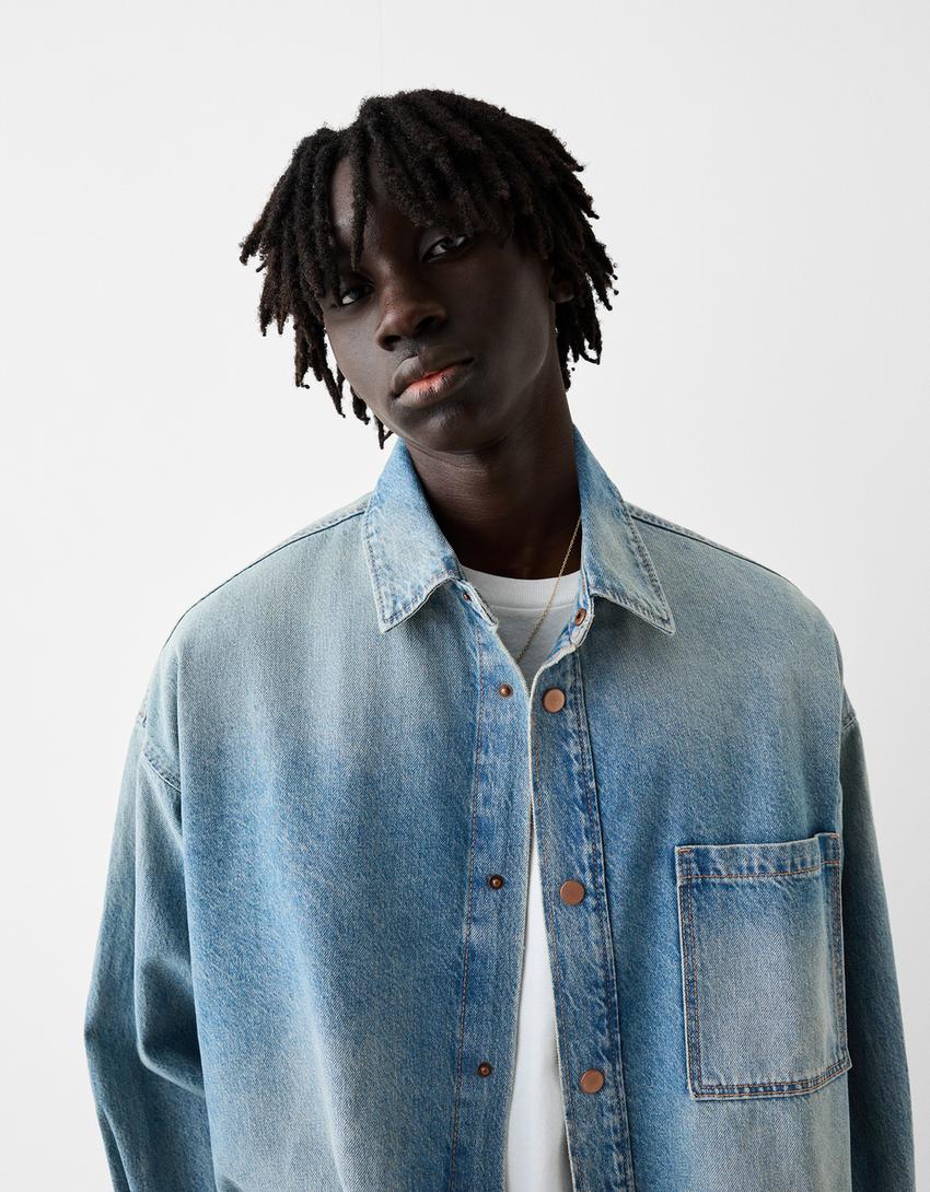 Long sleeve oversize denim shirt-Washed out blue