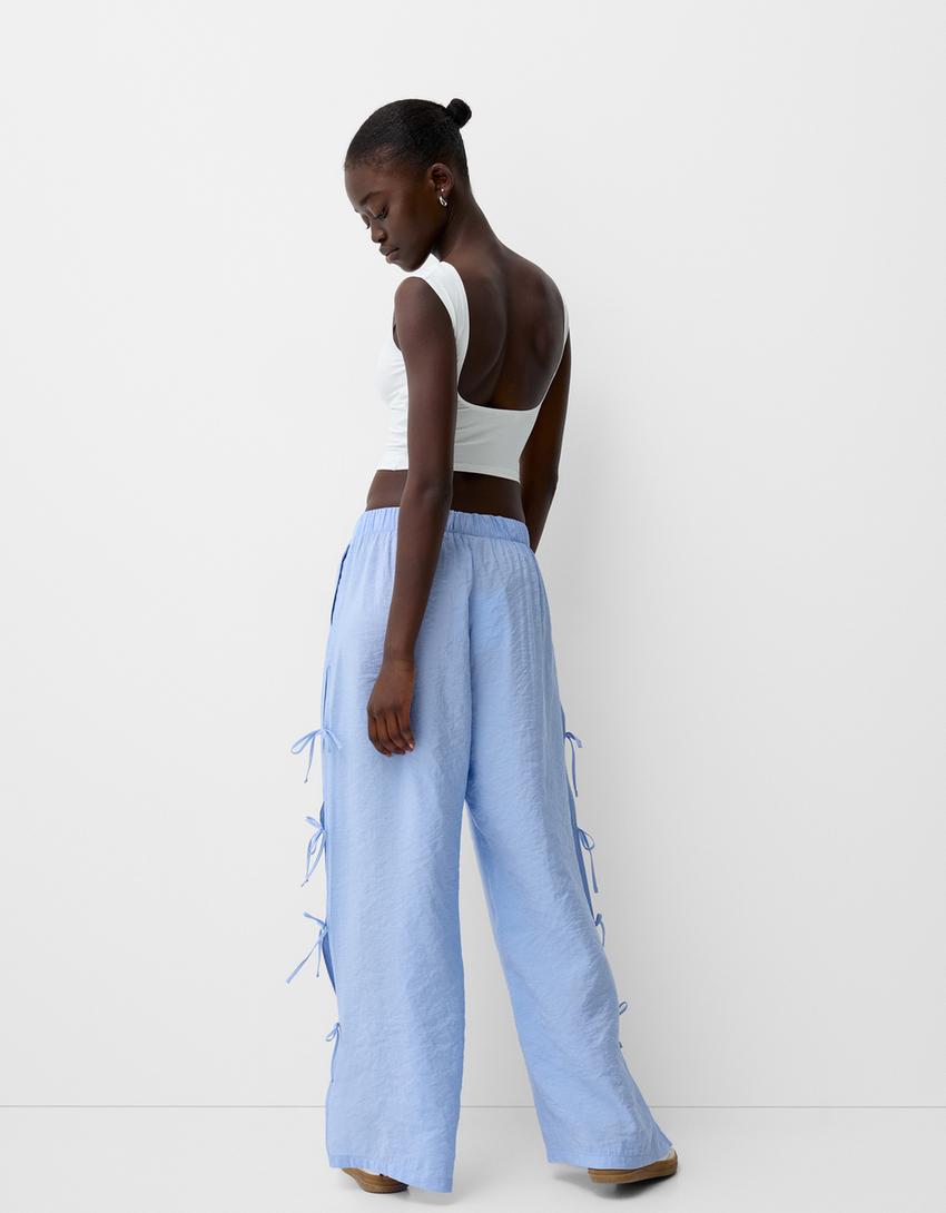 Flowing pants with side ties-Light blue-2