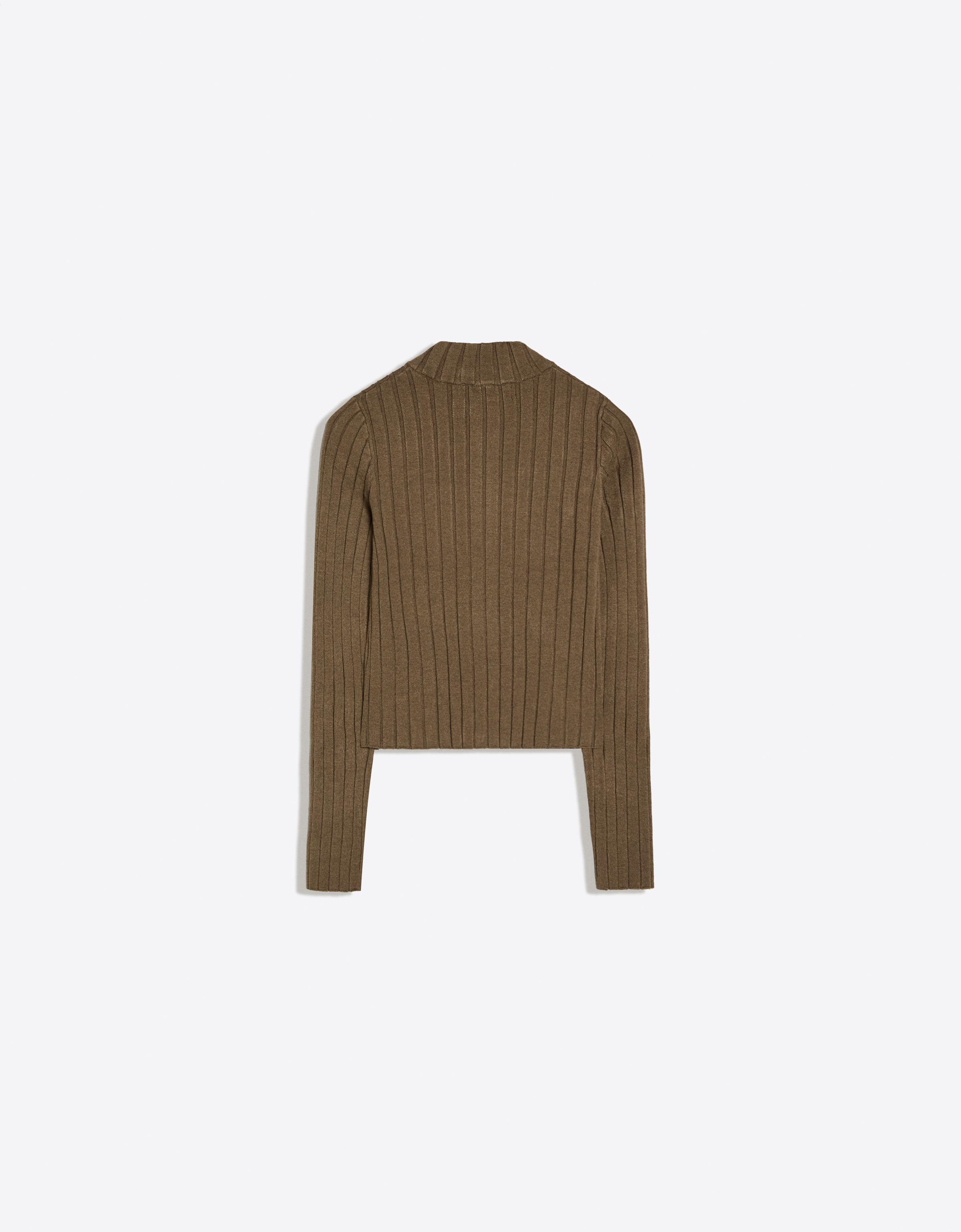 Ribbed knit zip-up cardigan — Khaki
