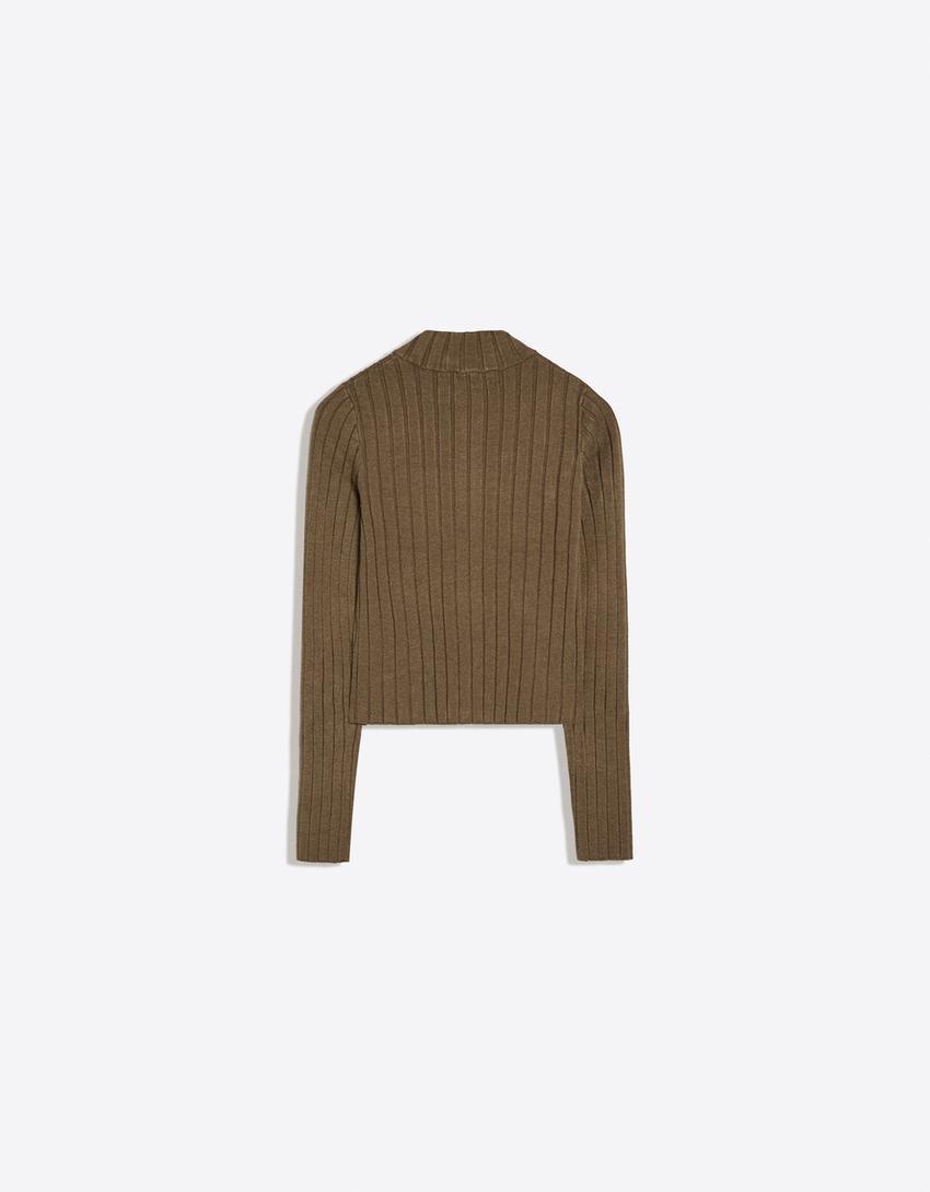 Ribbed knit zip-up cardigan-Khaki