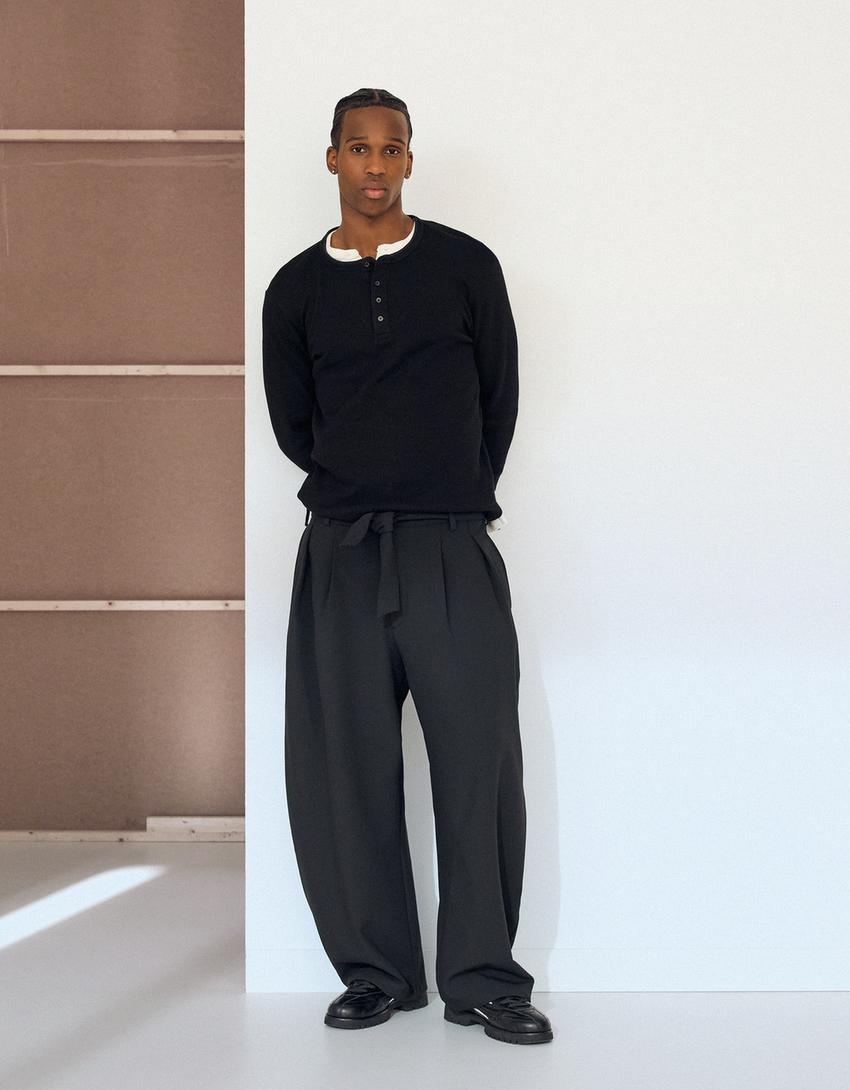 Barrel leg Tailored Fit Trousers With Belt Men Bershka barrel-leg-tailored-fit-trousers-with-belt-men-bershka