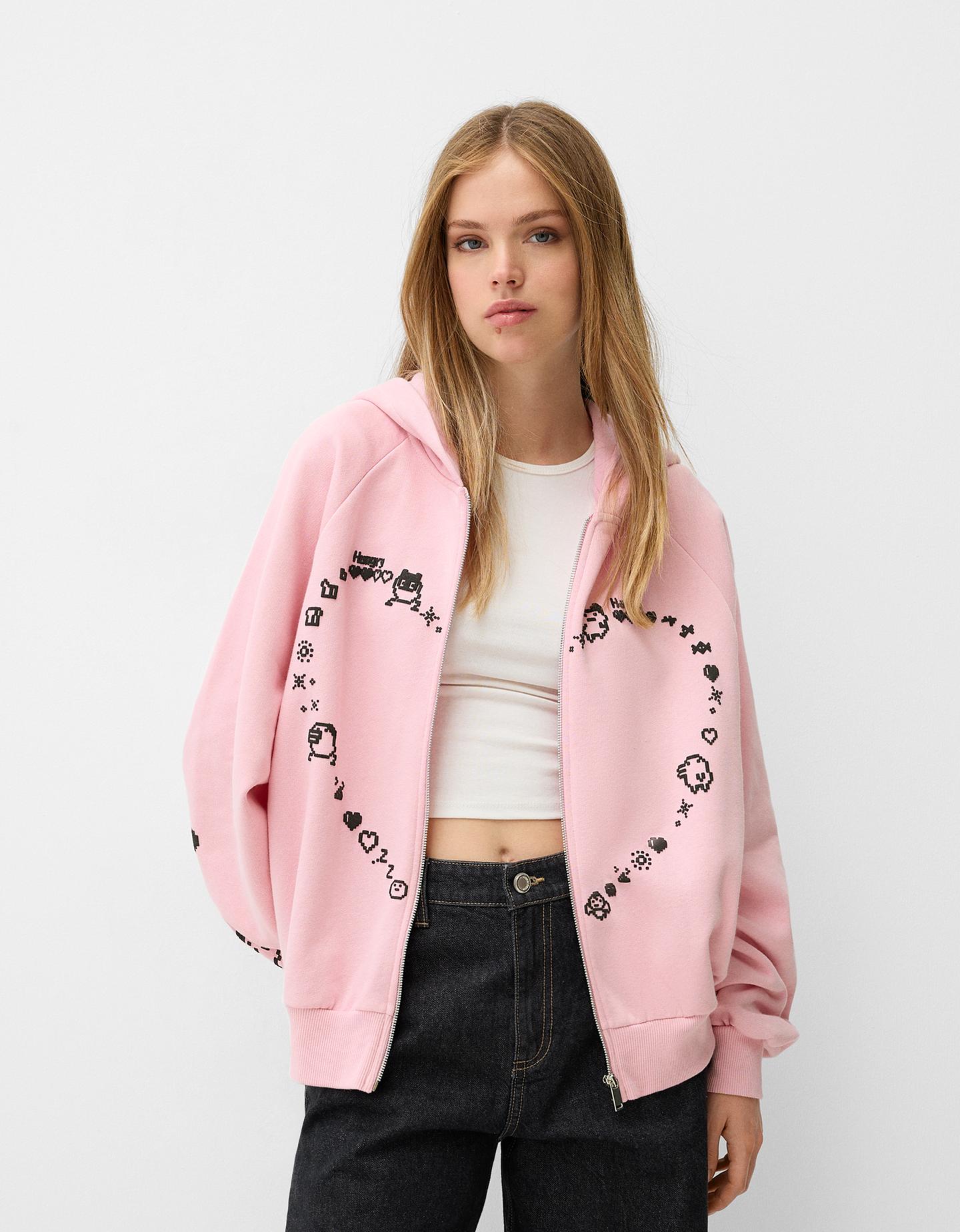 Bershka Sudadera Tamagotchi Cremallera Capucha Mujer M Rosa