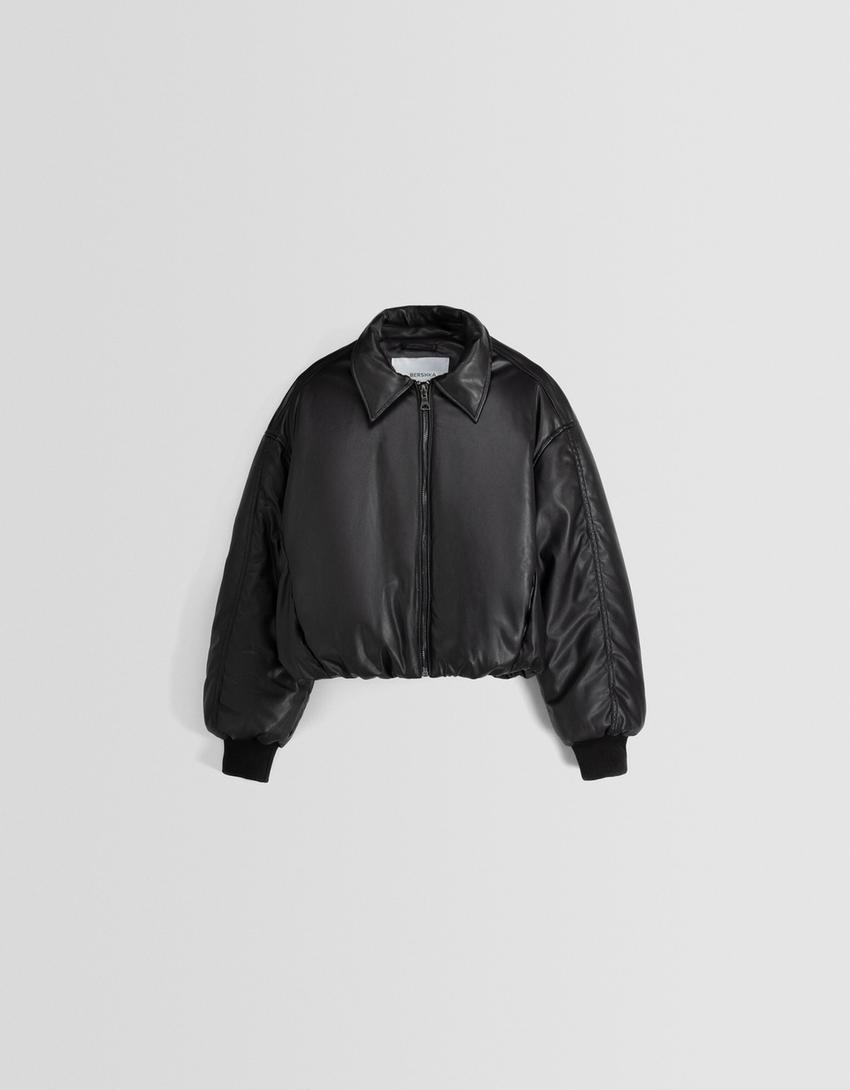 Cropped faux-leather puffer jacket with lapel collar-Black