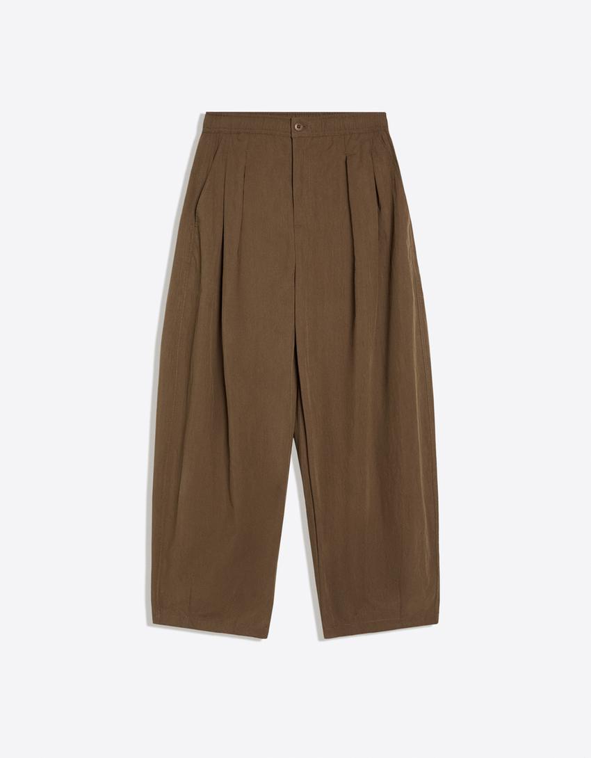 Hacimli teknik crop pantolon-Kahverengi