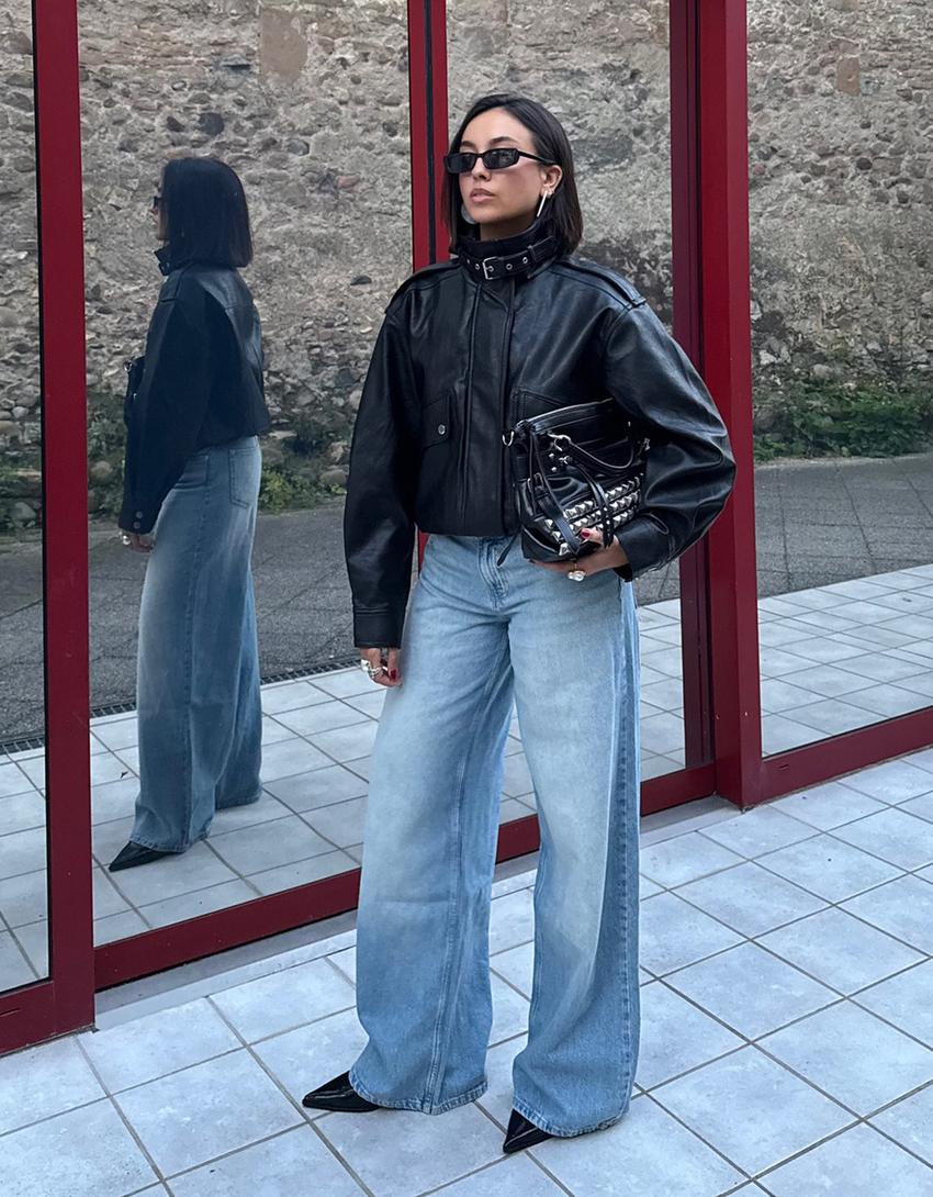 Wide-leg low-waist jeans-Light blue