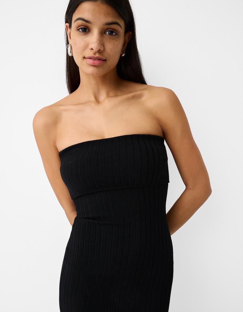 Striped bandeau midi dress-Black-3