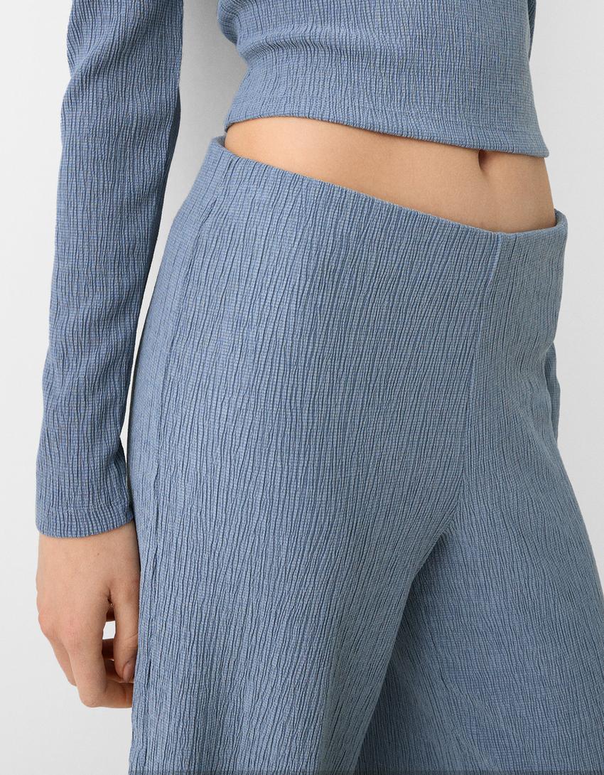 Pantalon wide leg gaufré-Bleu-5