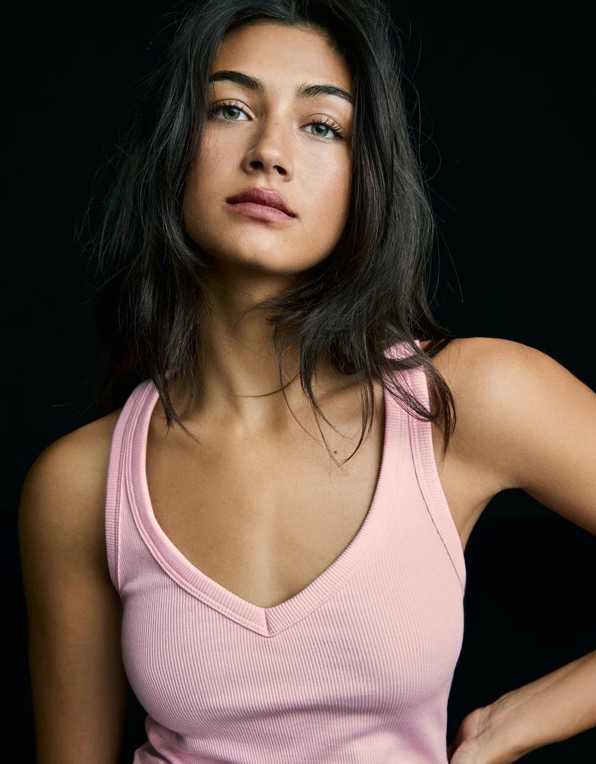 Basic ribbed strappy T-shirt-Pink