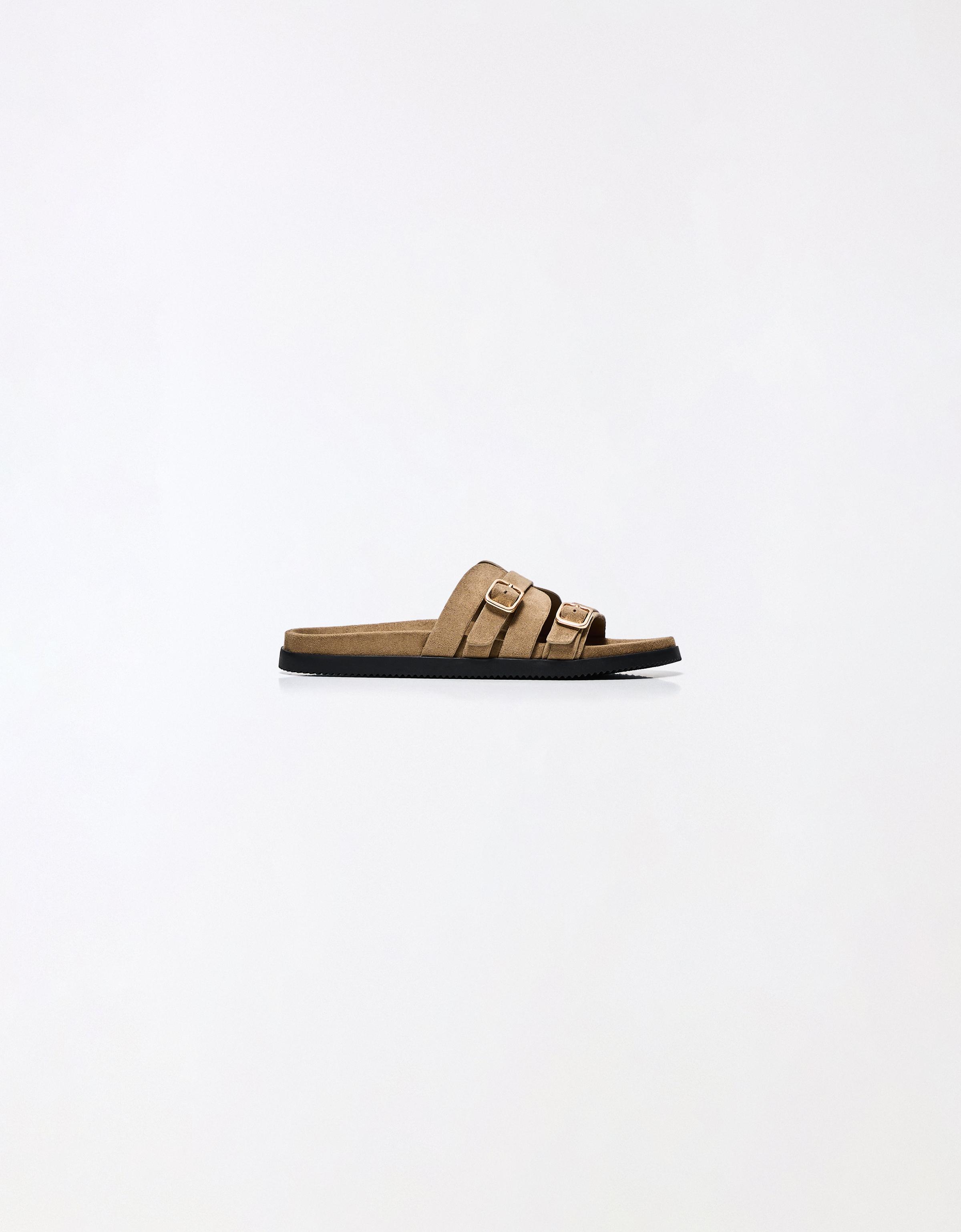 Buckle detail flat slider sandals — Tan
