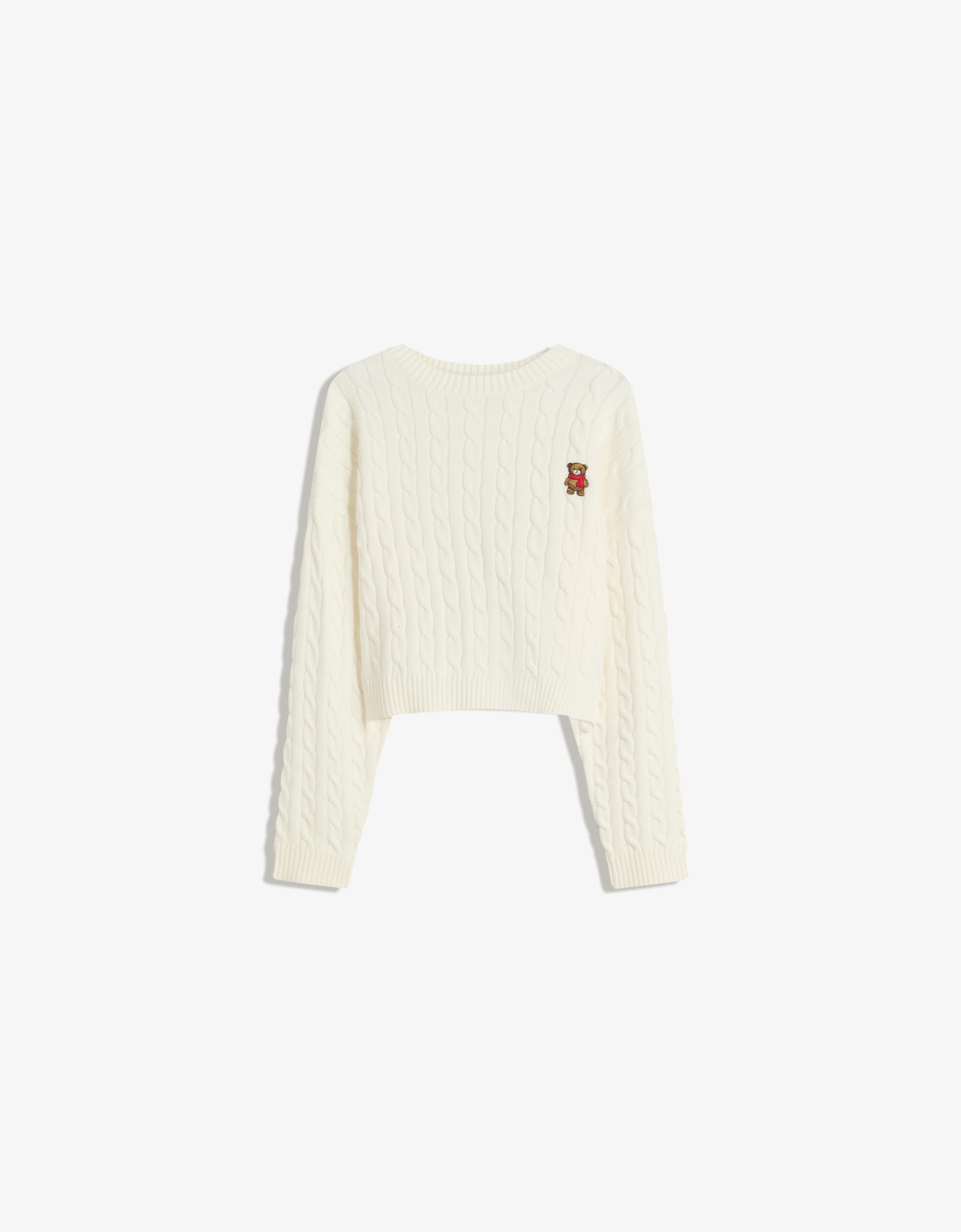 Bershka Bestickter Zopfmuster-Pullover Damen Xs Rohweiß