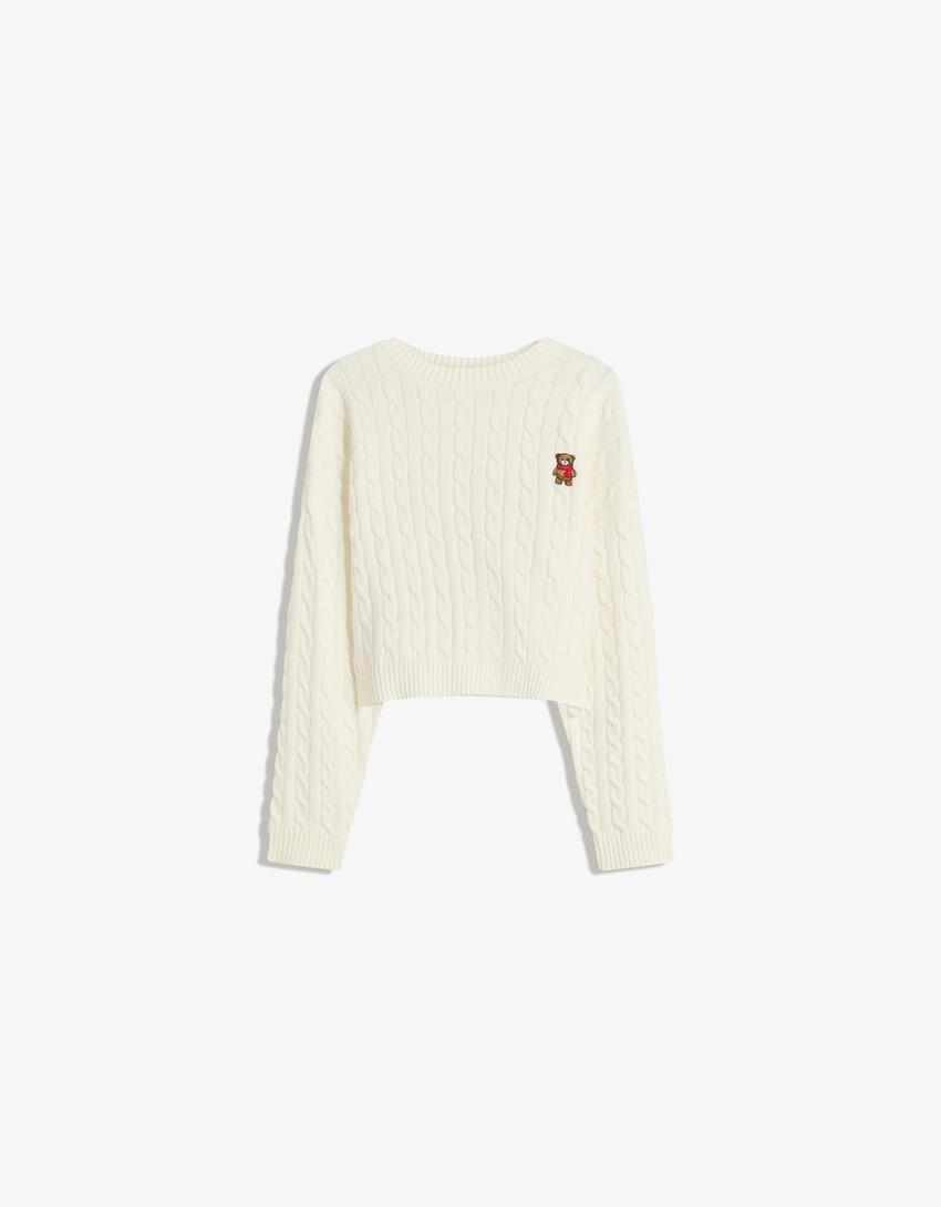 Cream Sweater Coat — Embroidered cable-knit sweater