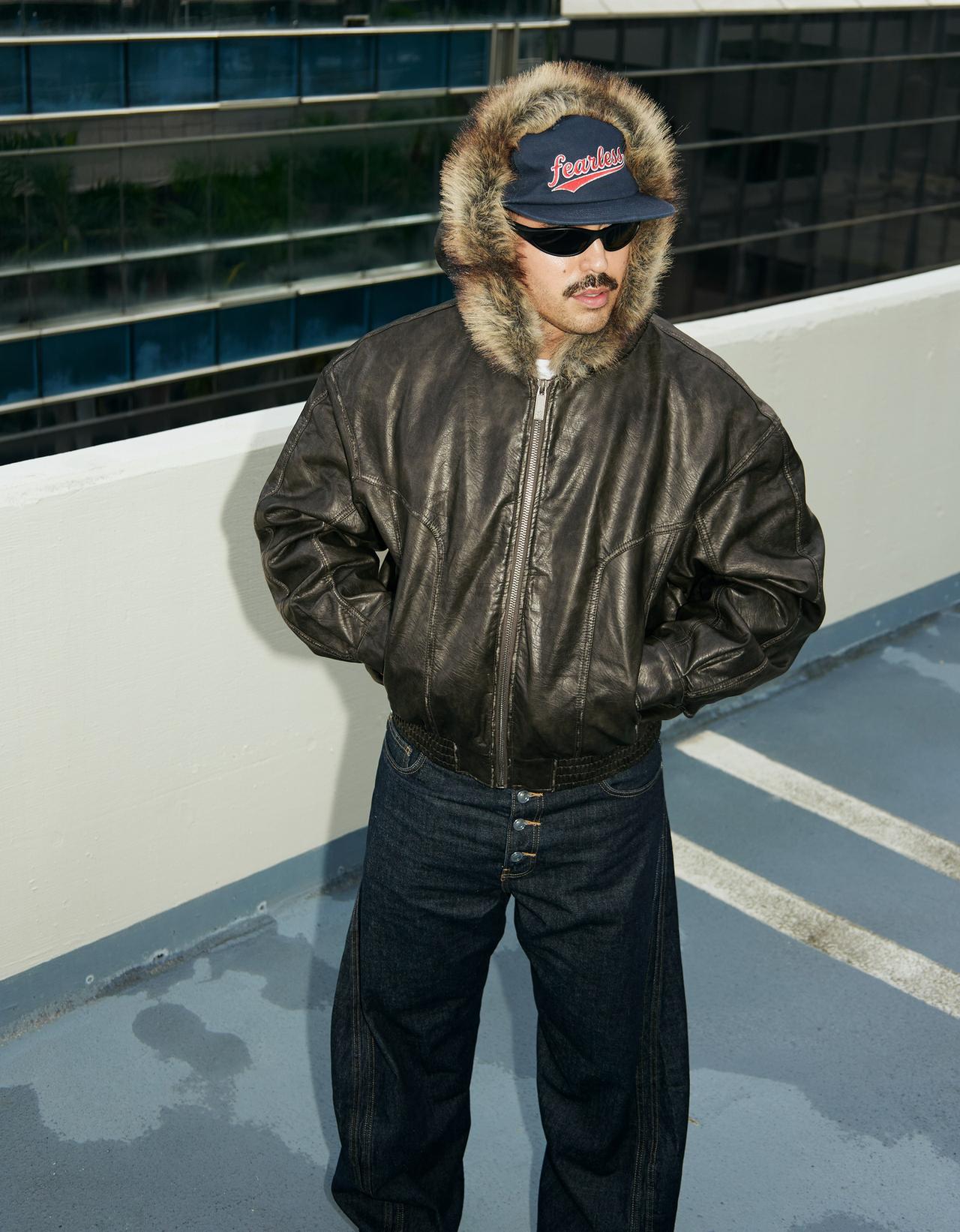 Leather effect jacket with faux fur hood — Brown