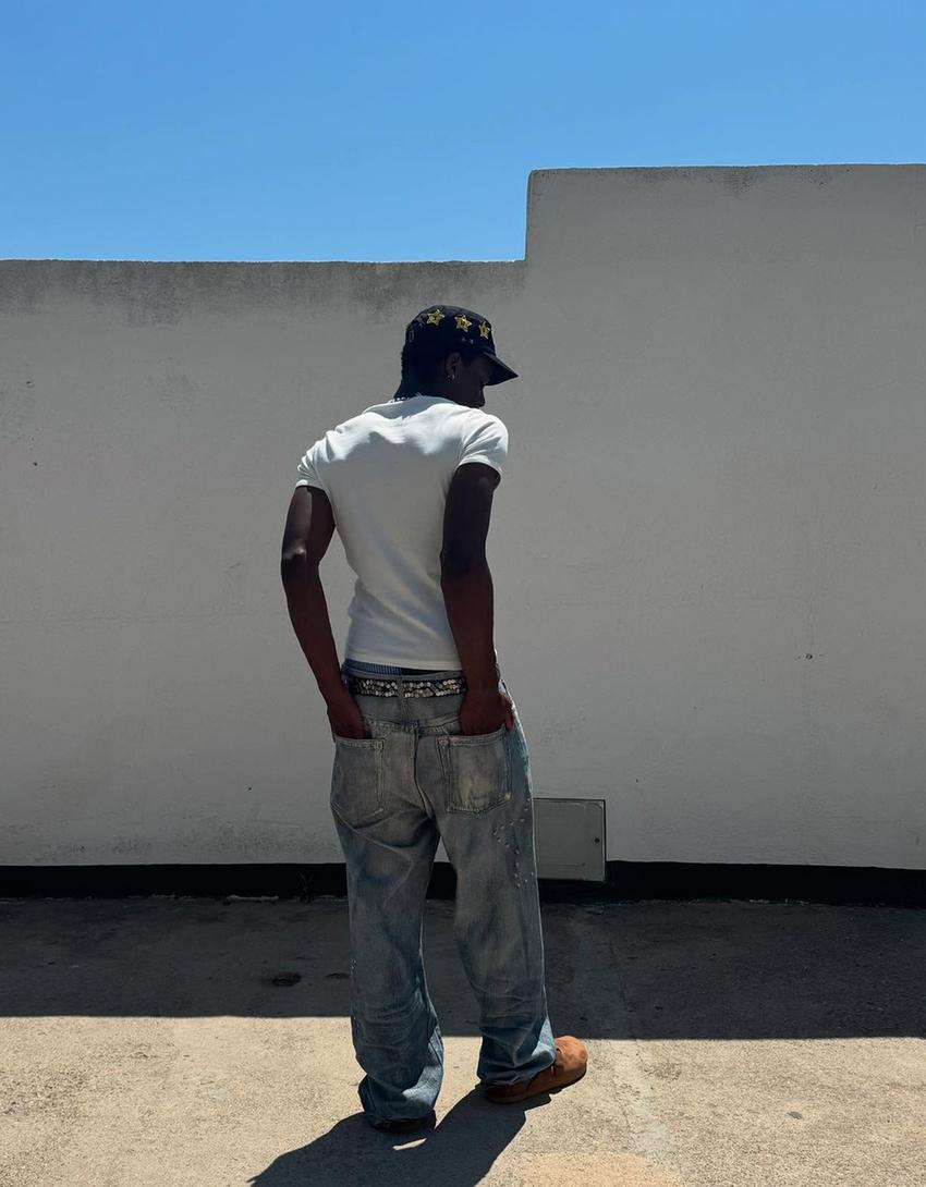 Baskılı baggy fit jean-Açık mavi