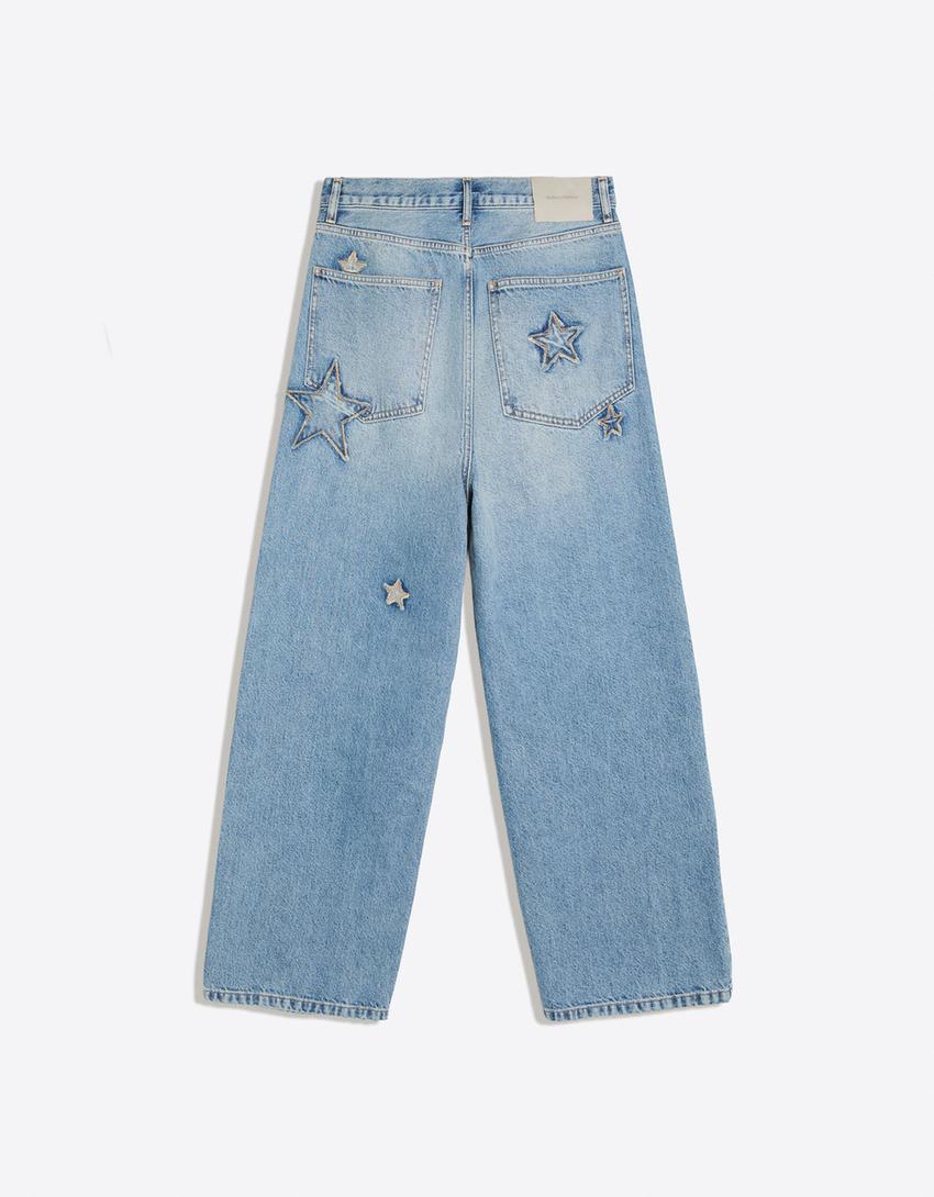 Jeans baggy avec écussons étoiles-Bleu lavé