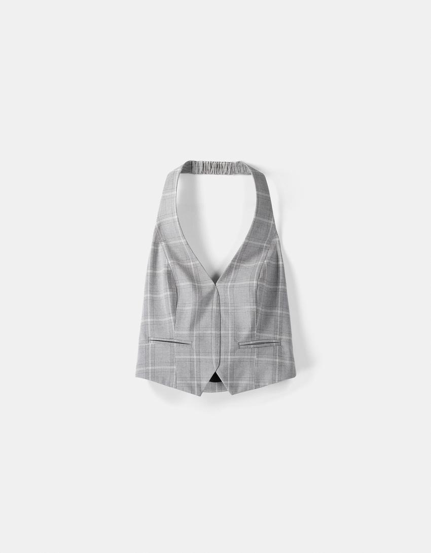 جاكيت فيست هالتر رسمي بطبعة مربعات-رمادي-4