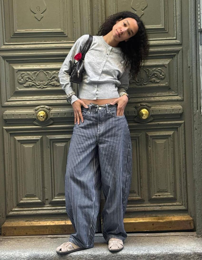 Çizgili balloon fit pantolon-Mavi