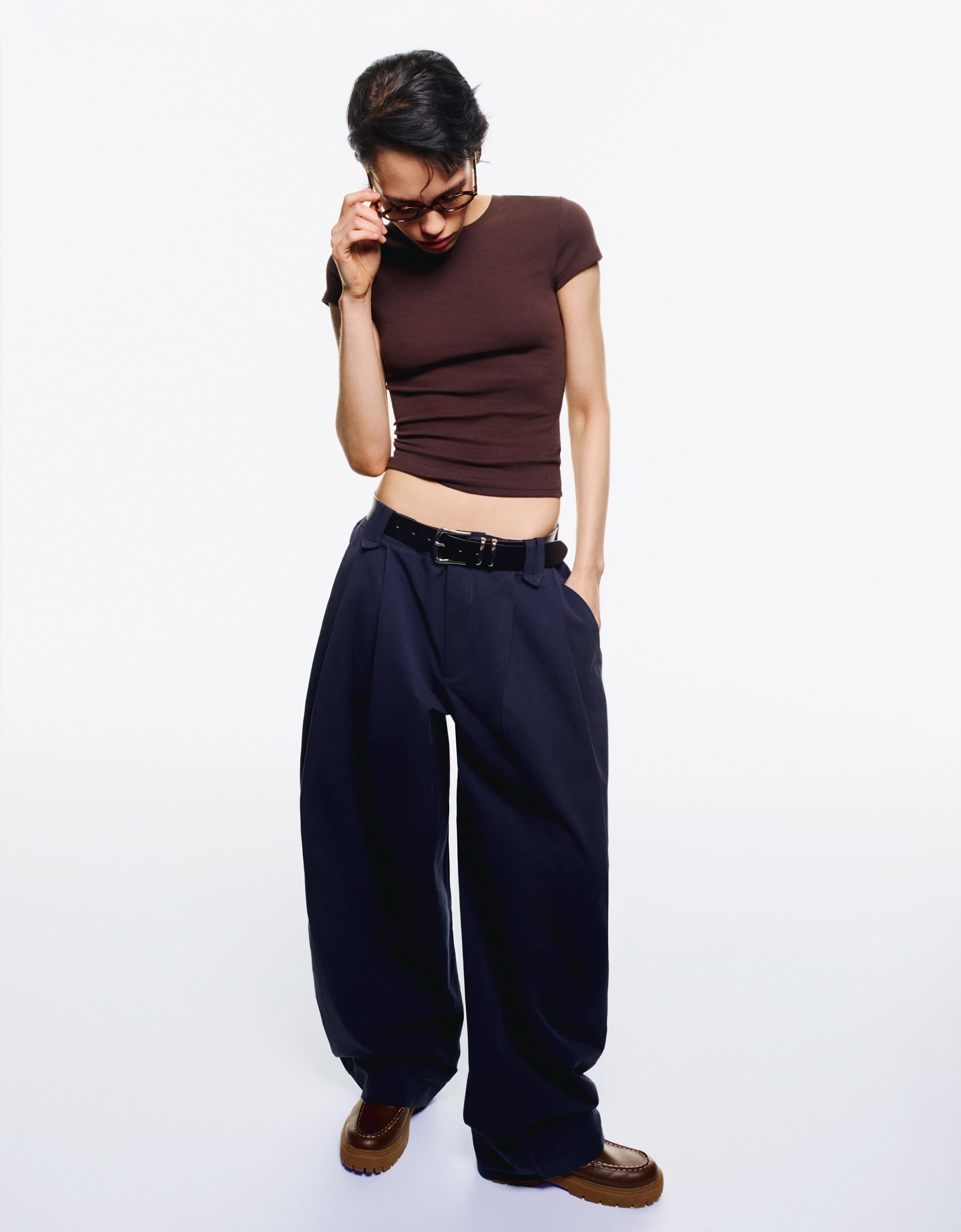 Bershka Hose Aus Fleece Im Balloon Style Mit Bundfalten Damen 42 Dunkelblau