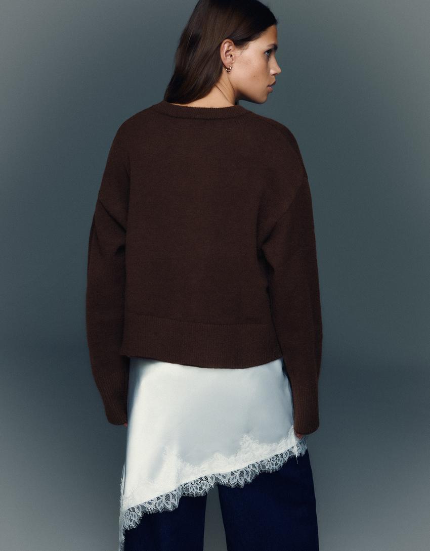Oversize sweater with ribbed hem-Brown