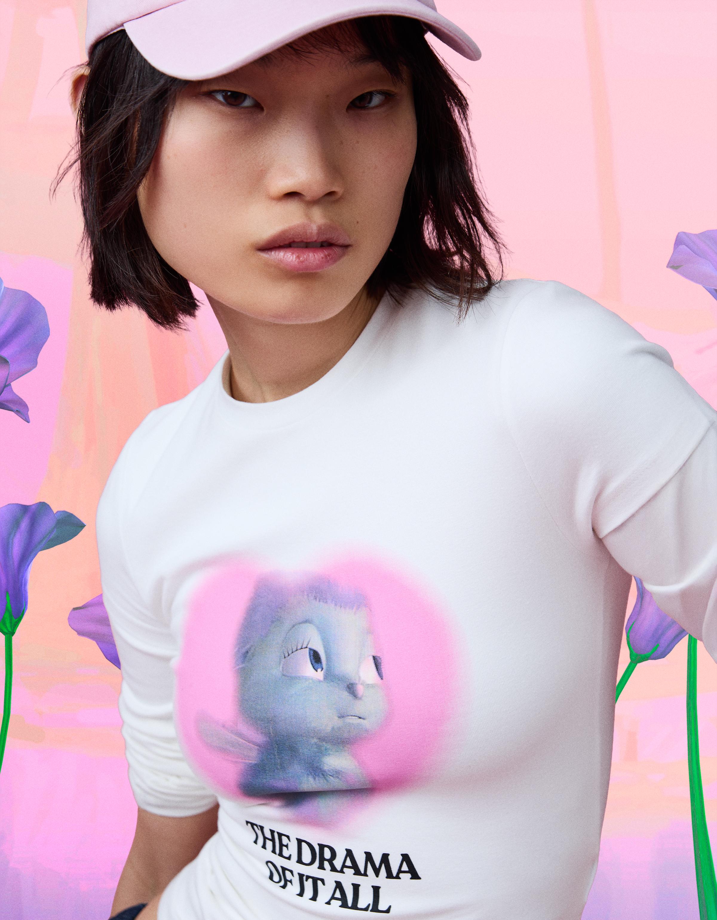 Bershka Camiseta Bibble Manga Corta Print Mujer L Blanco