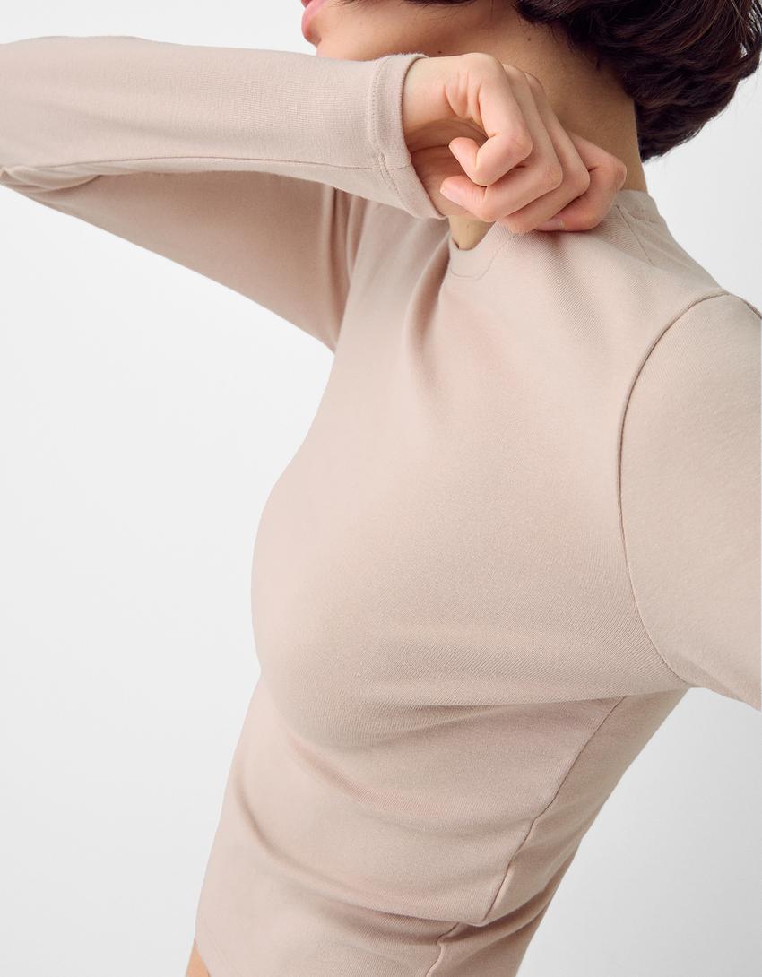 Uzun kollu bisiklet yaka t-shirt-Kum rengi-6