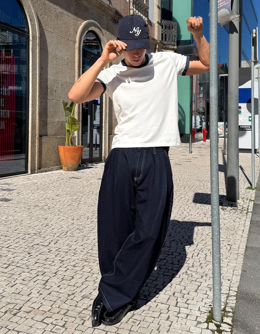Pleated barrel jeans-Navy