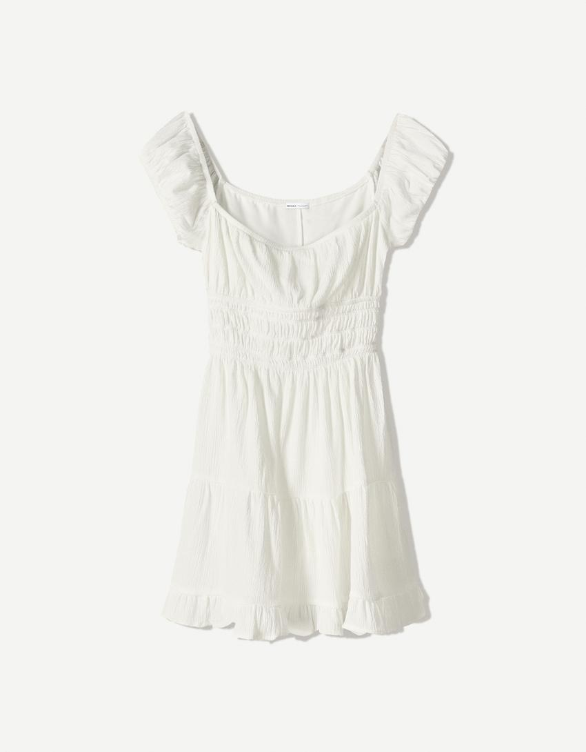 Robe courte à volants-Blanc cassé-3