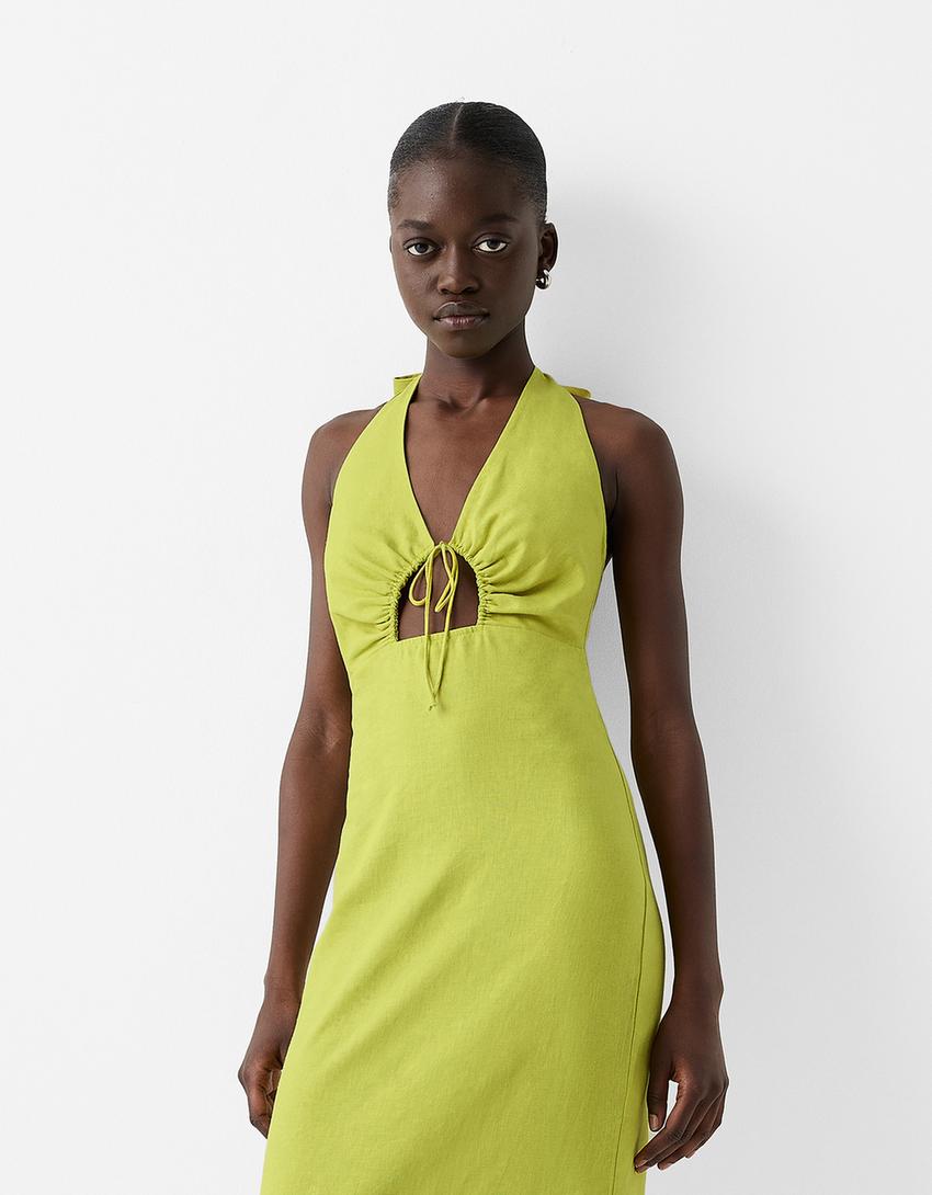 فستان طويل كتان بتفصيل فتحة-أخضر-1