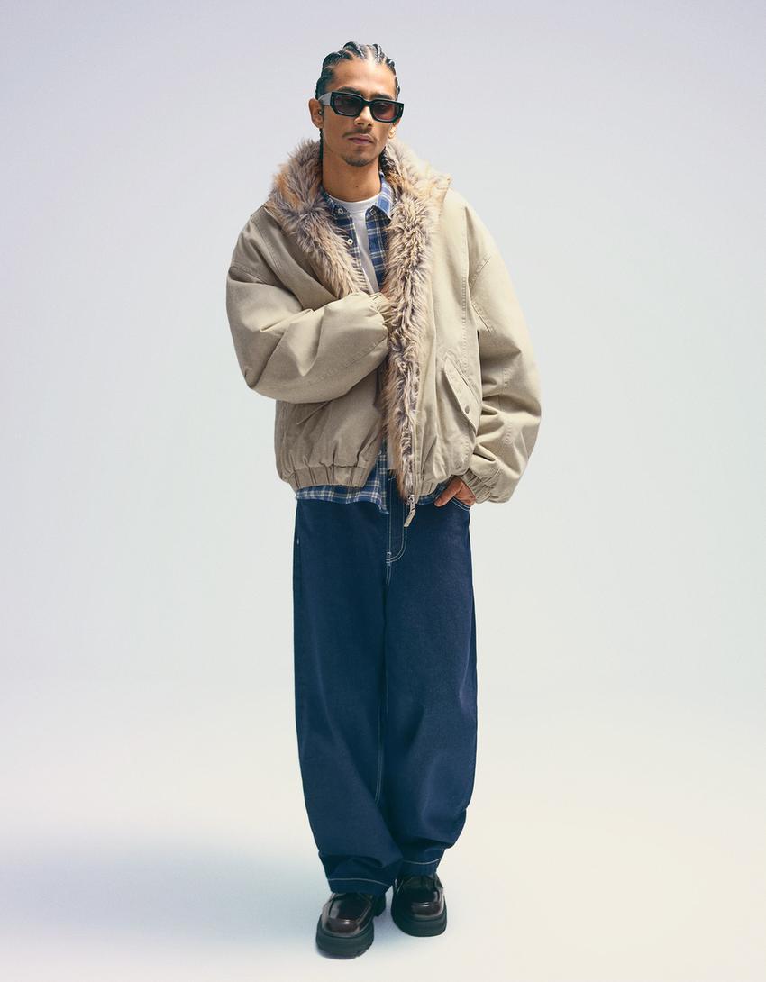 Faux fur lapel jacket-Cream