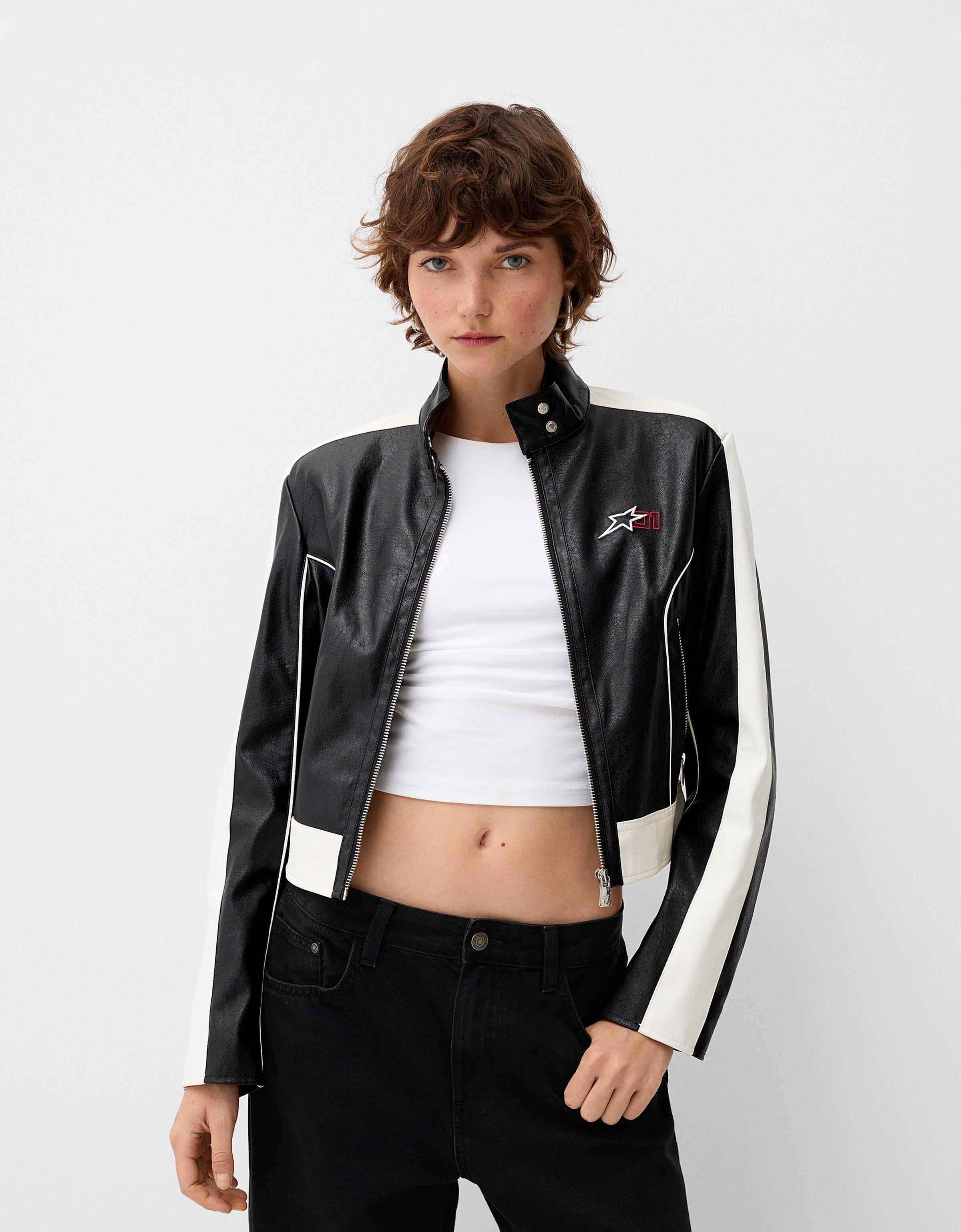 Bershka Kunstlederjacke Mit Kontrast Damen M Schwarz