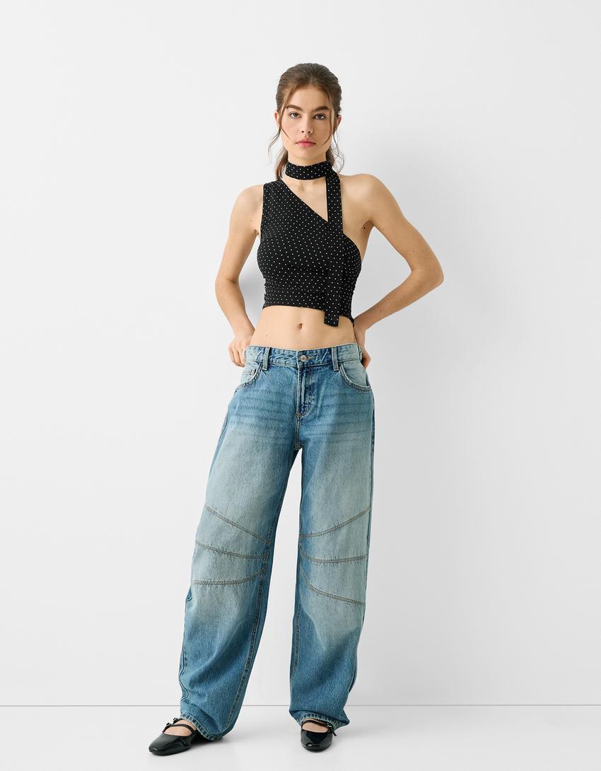 Asimetrik puantiye desenli şifon top-Siyah-3