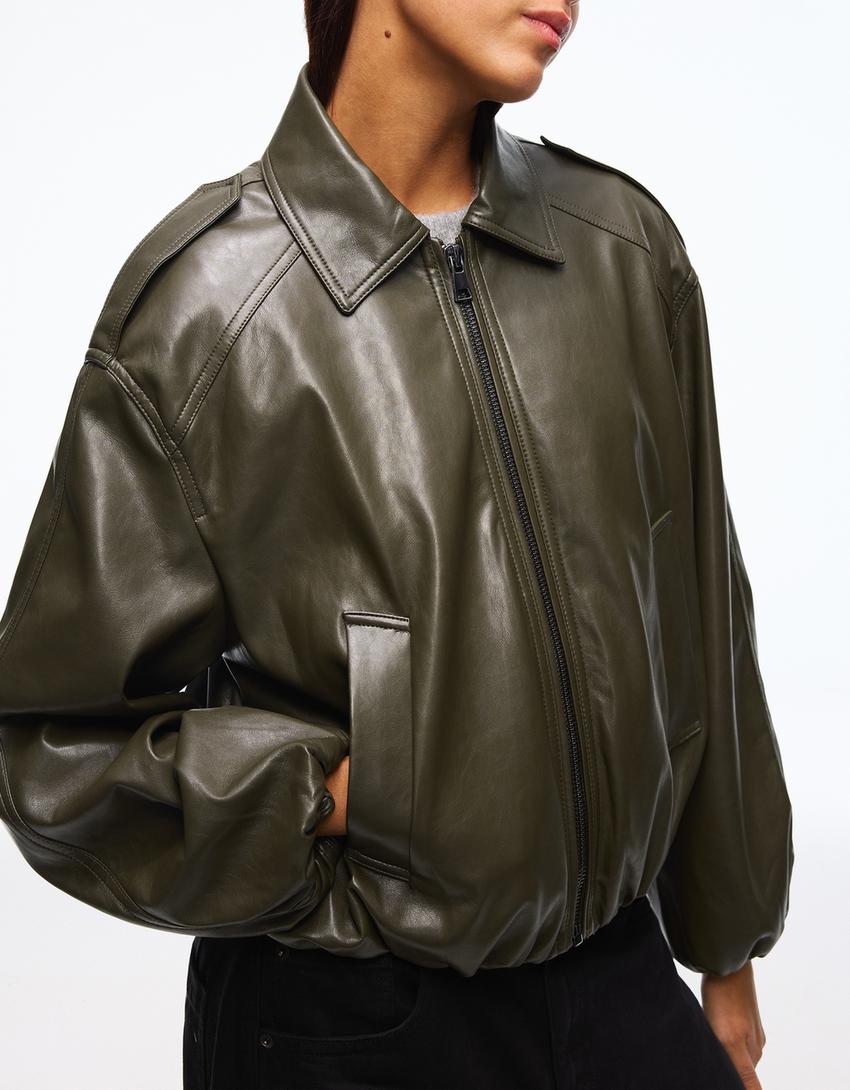 Balloon leather effect jacket-Khaki