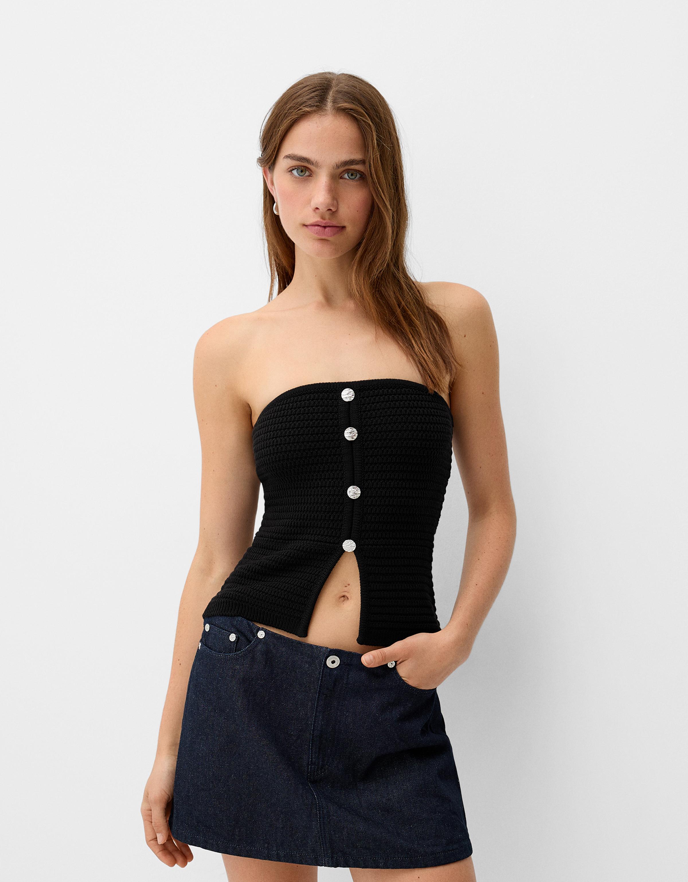 Bershka Bandeau-Top Mit Knöpfen Damen S Schwarz